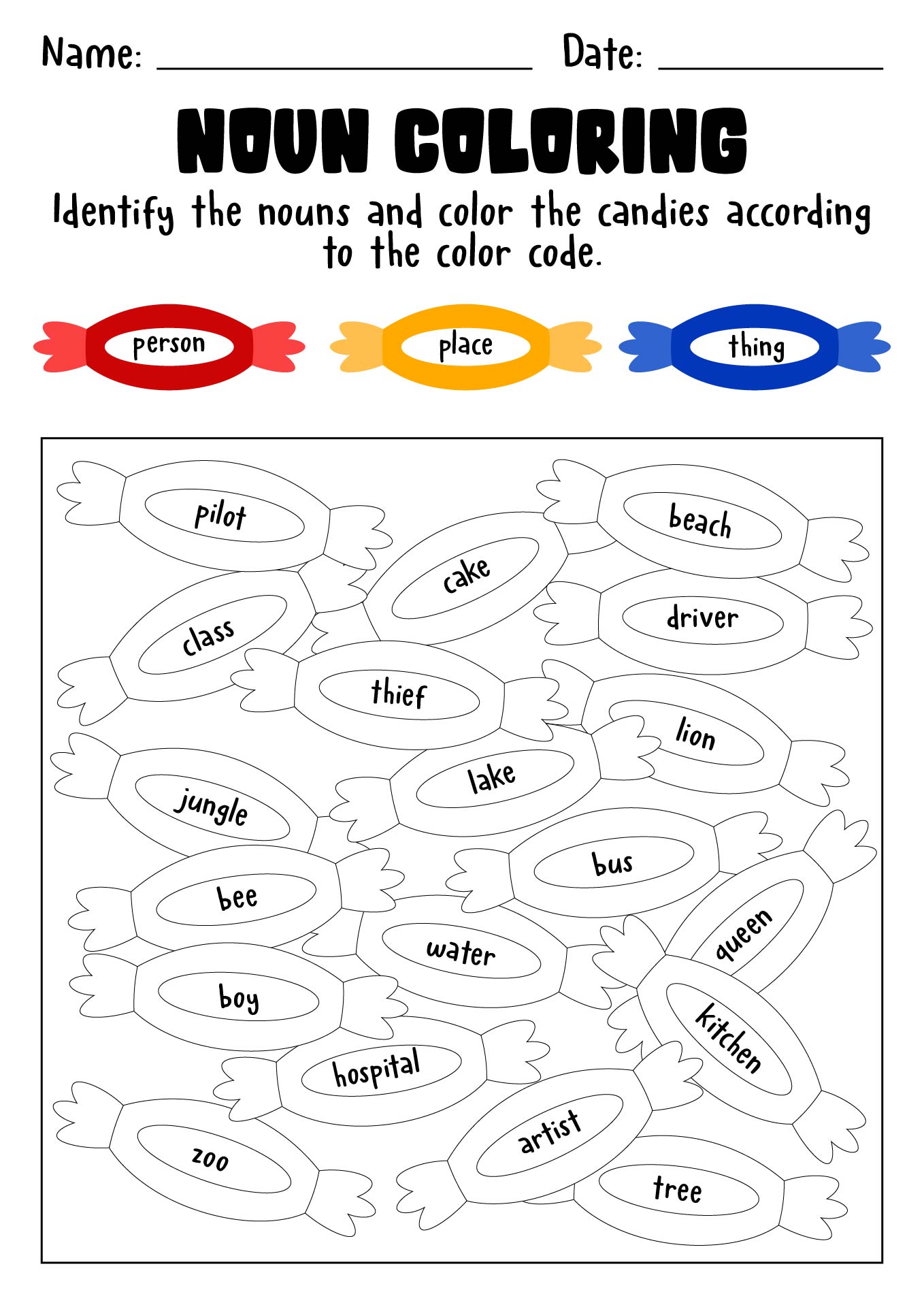 Noun Identification Coloring Sheets for 2nd Grade