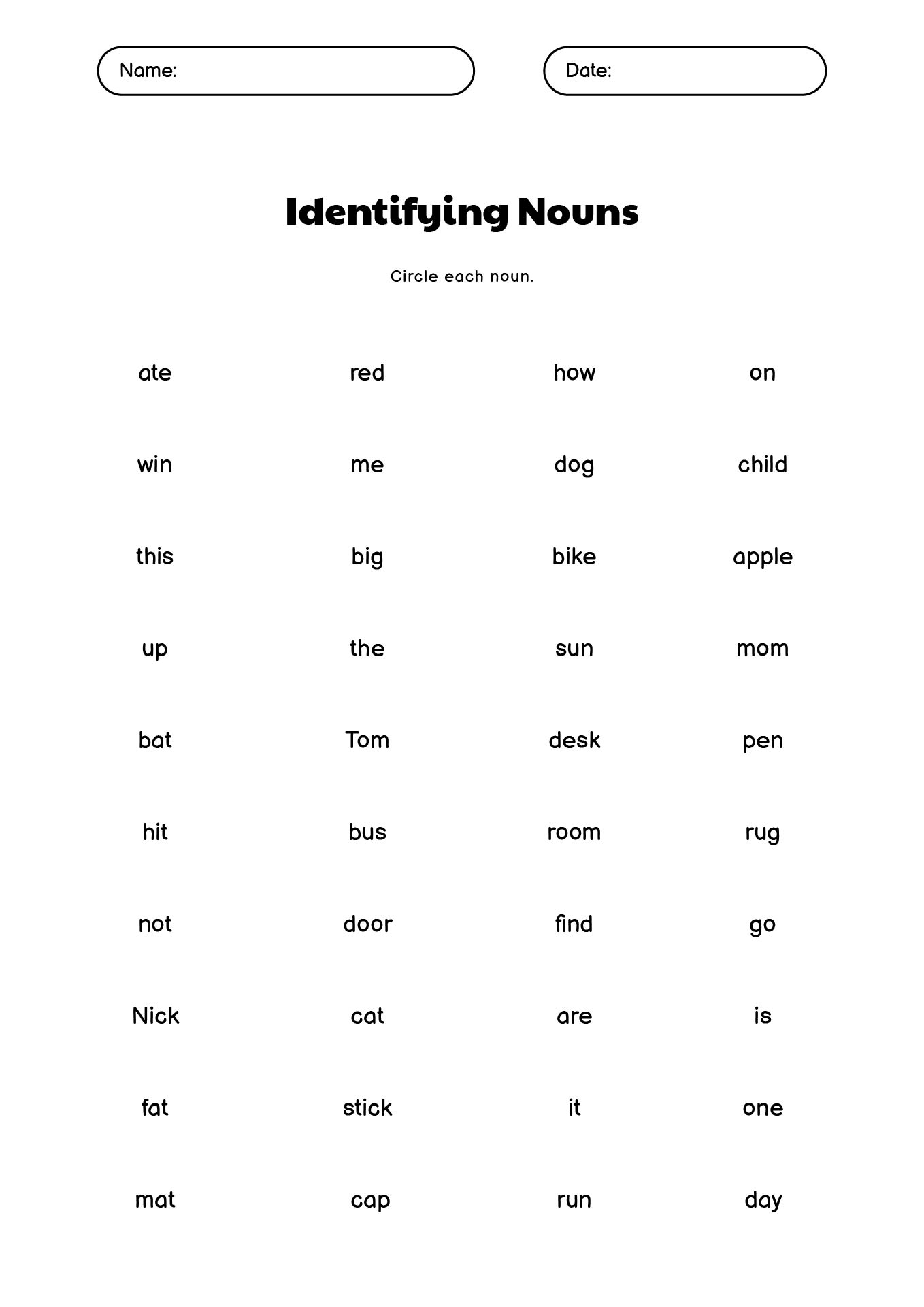 Noun Identification Practice Worksheets