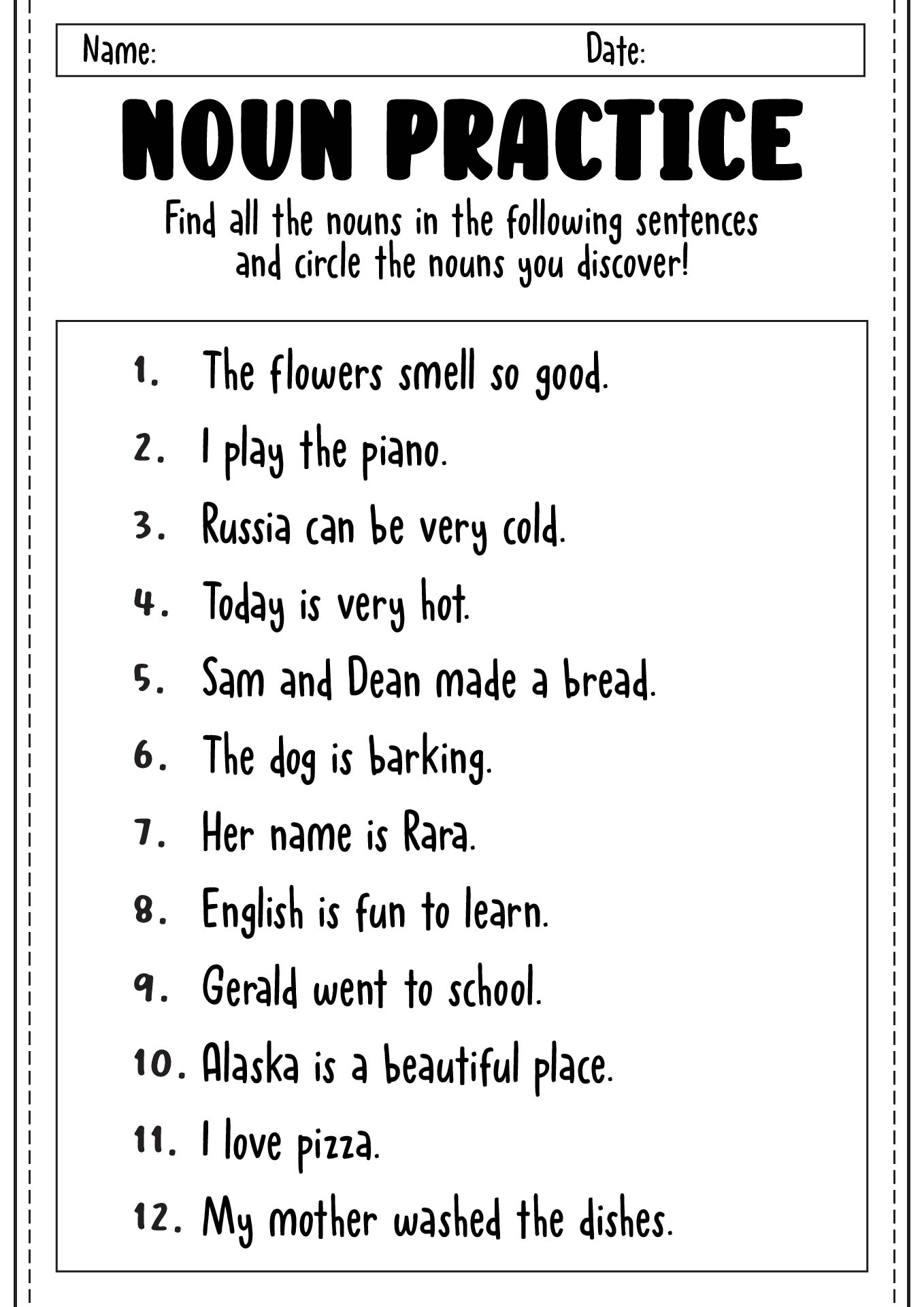 Noun Practice Worksheets for Elementary Students