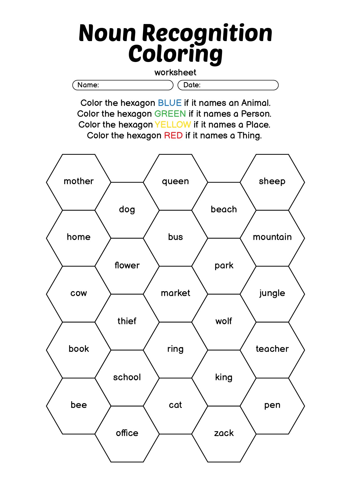 Noun Recognition Coloring Activities Second Grade