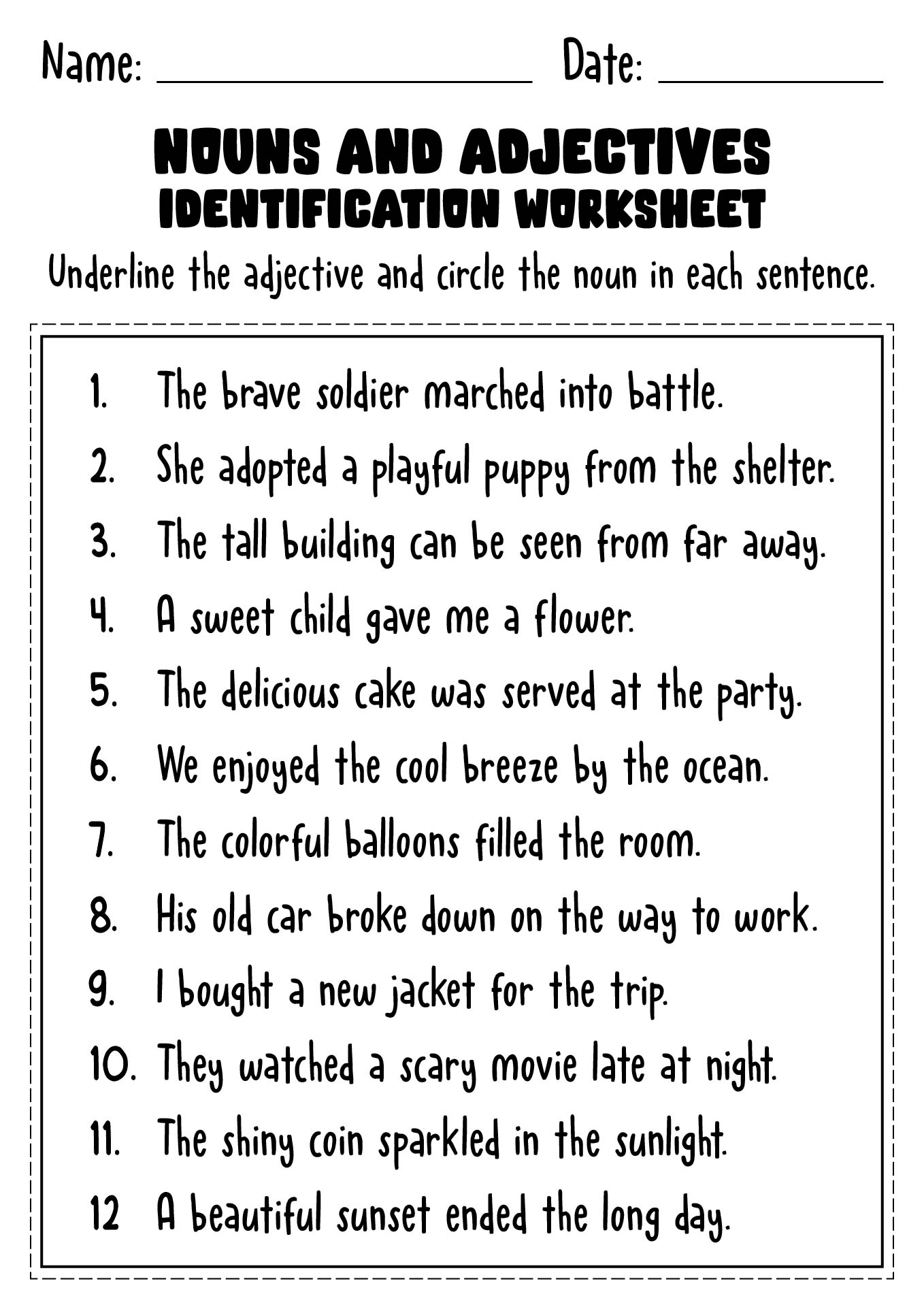 Nouns and Adjectives Identification Worksheets