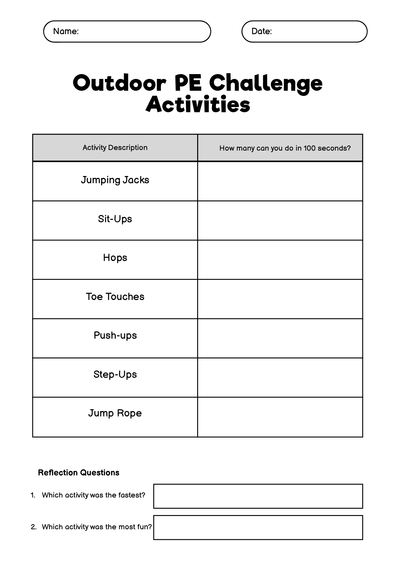 Outdoor PE Challenge Activities Worksheets