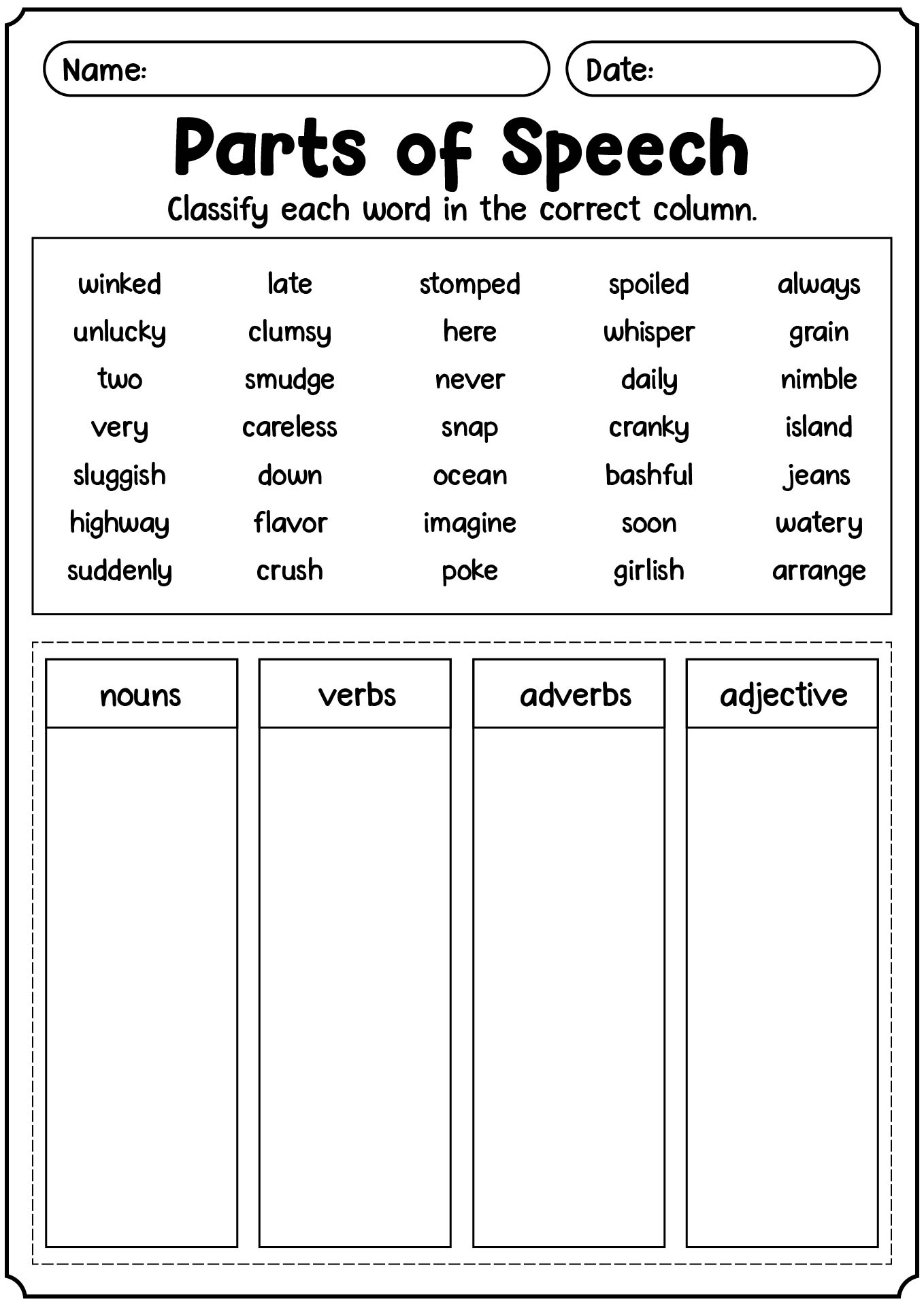 Parts of Speech Identification Worksheet