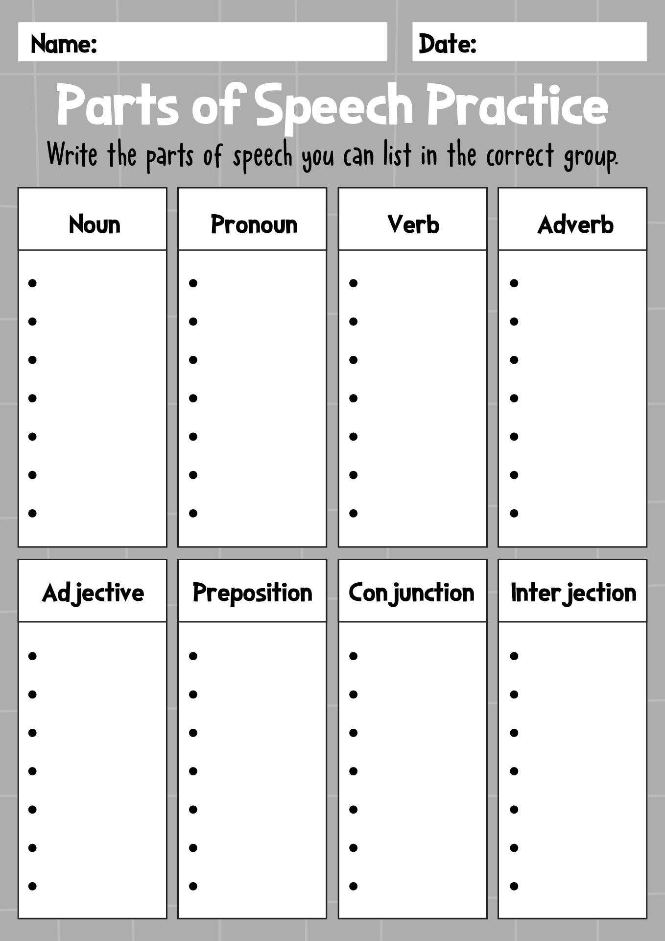 Parts Of Speech Practice Worksheet