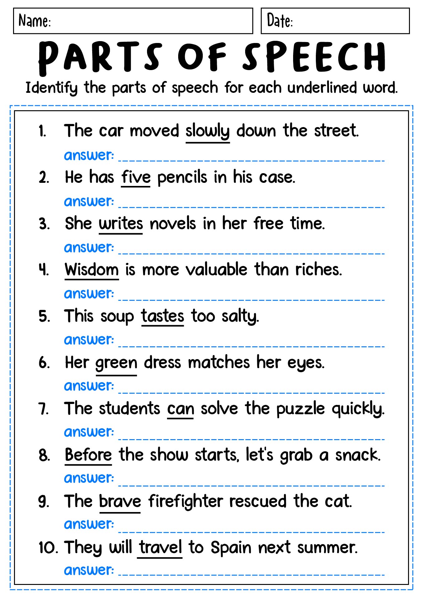 Parts of Speech Practice Worksheet