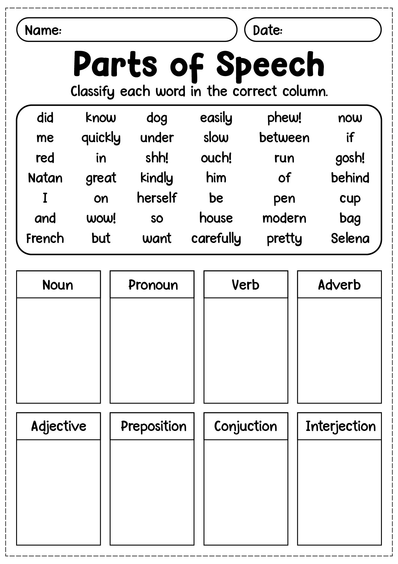 Parts of Speech Revision Worksheet for Students