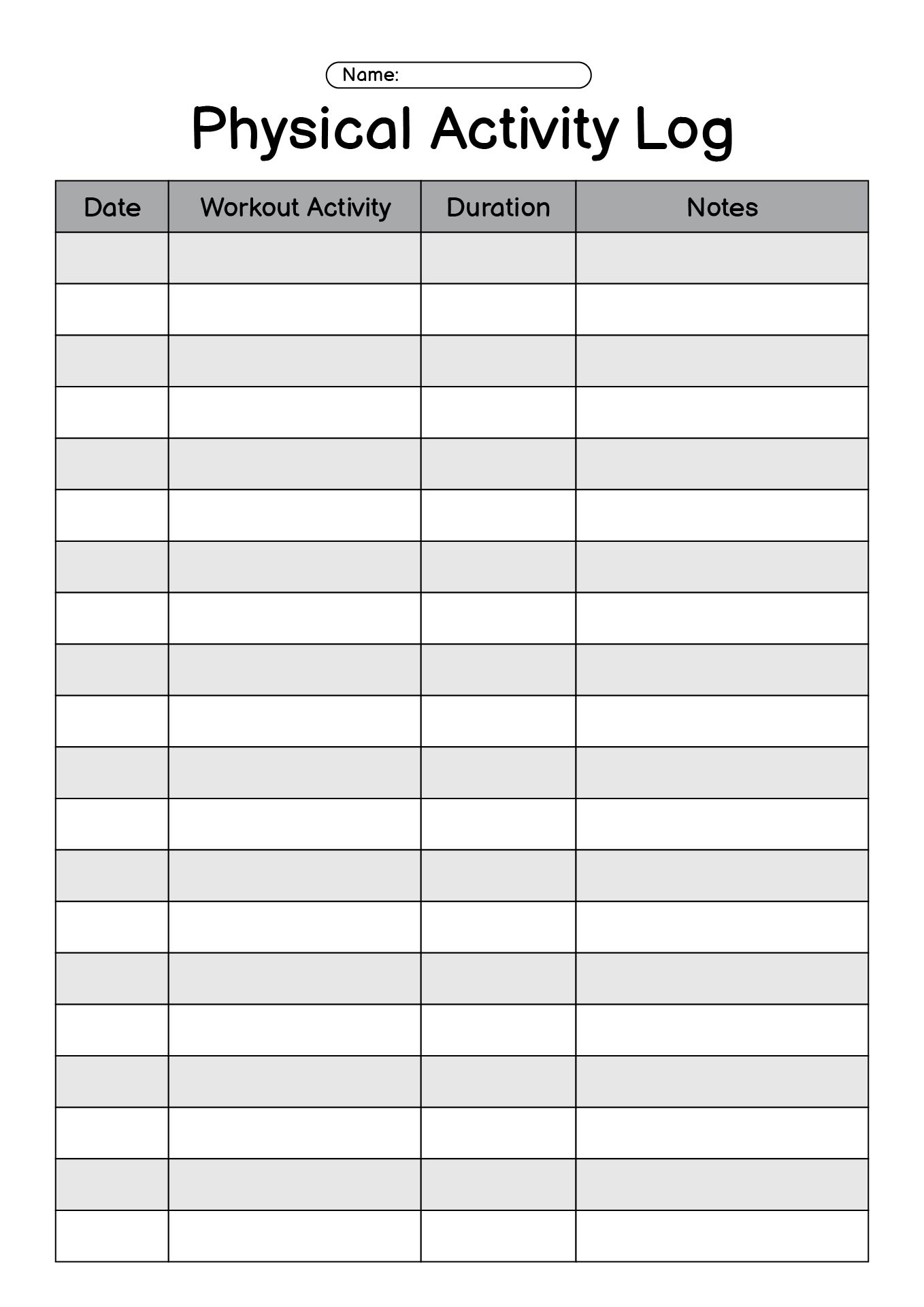 Physical Education Activity Log Sheets