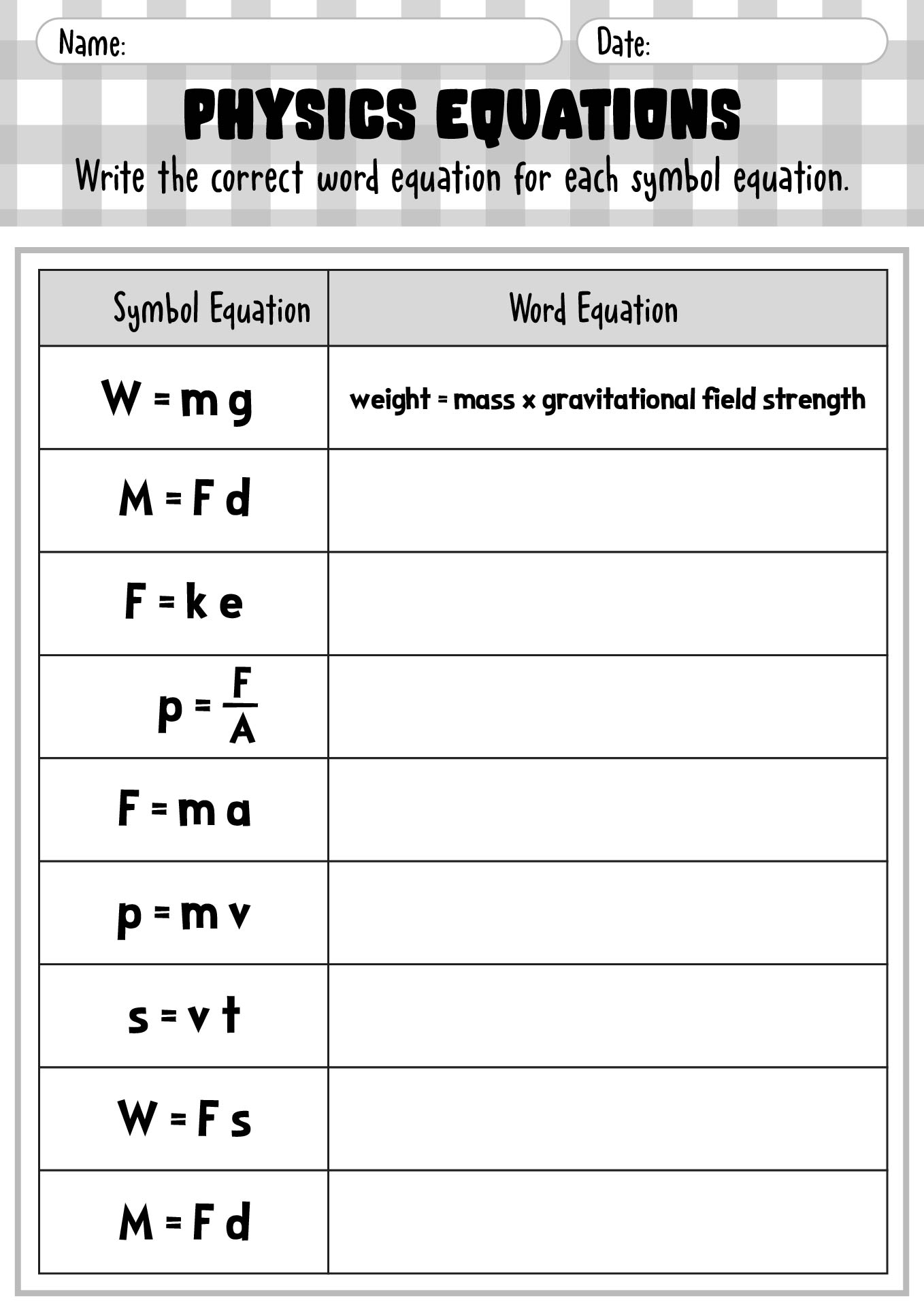 Physics Term Practice Sheets