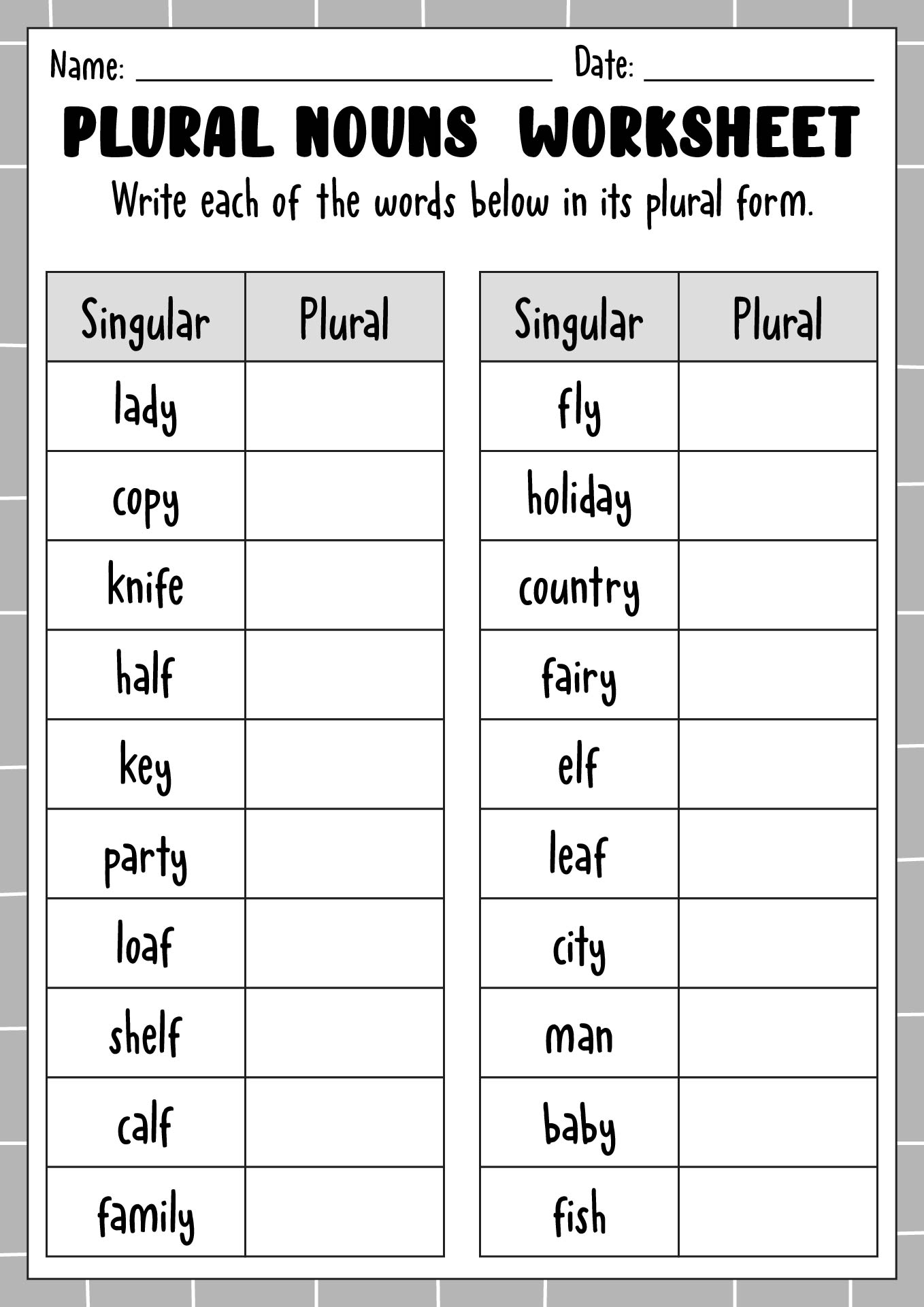 Plural Nouns Printable Practice Worksheets