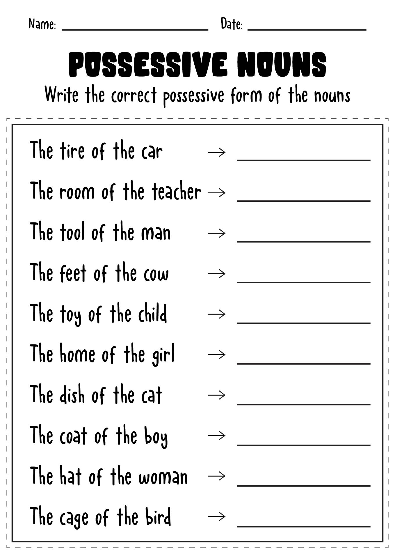 Possessive Nouns Practice Worksheets for Kids