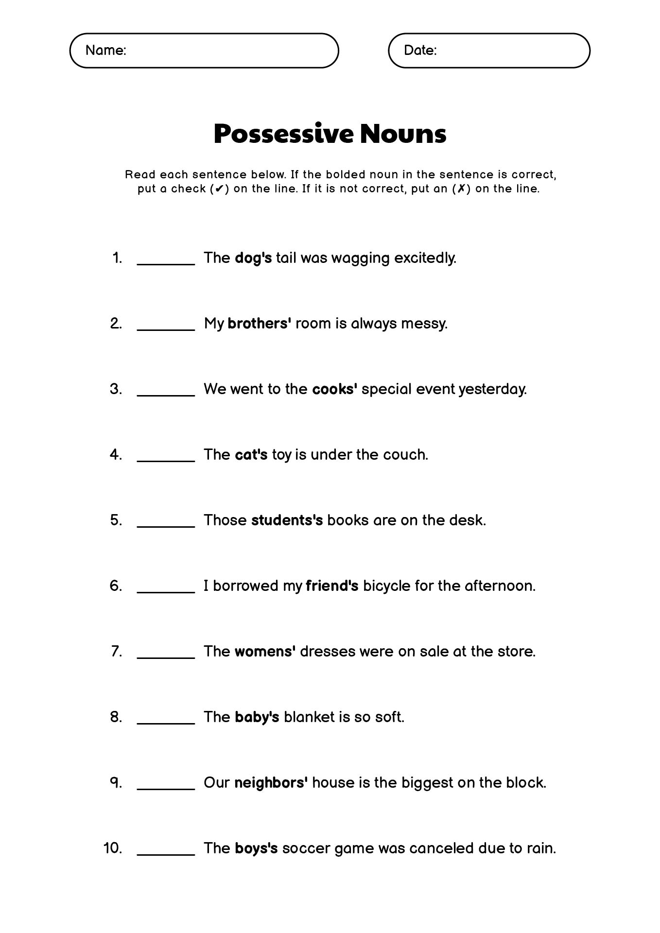 Possessive Nouns Worksheets for Kids