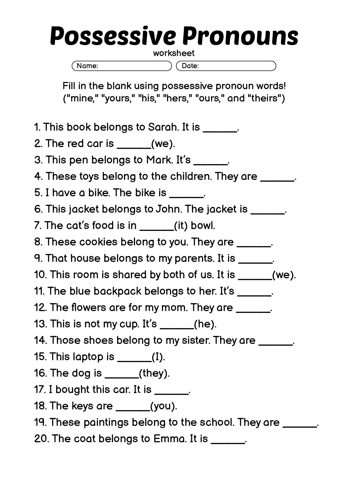 Possessive Pronouns Exercise Sheets for Kids