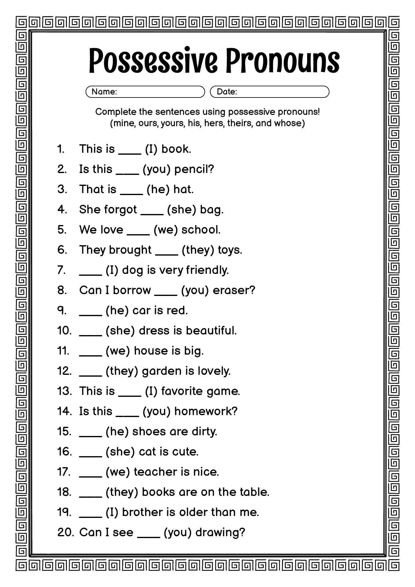 Possessive Pronouns Exercises for Grade 2