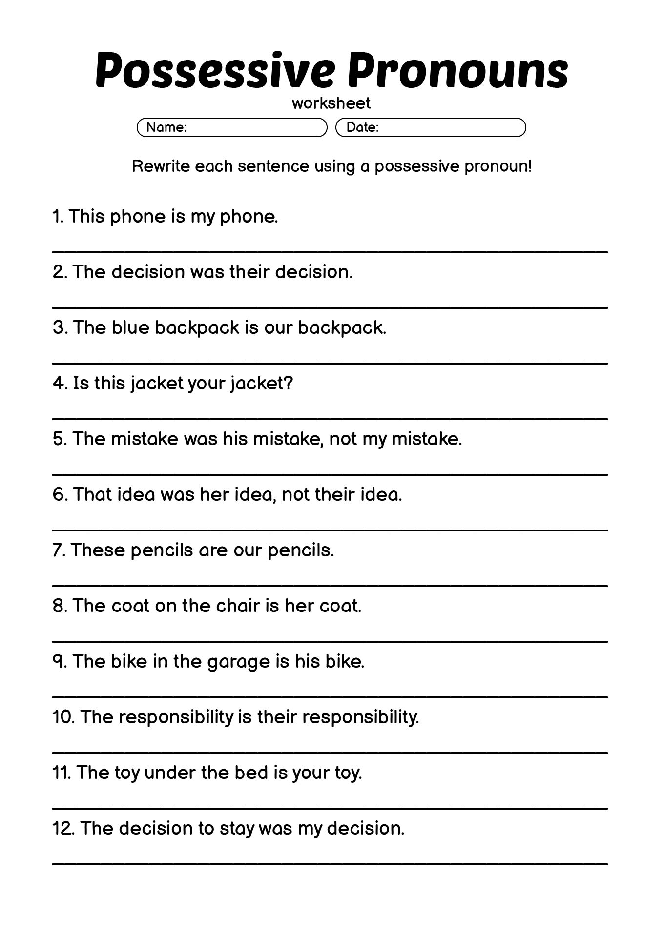 Possessive Pronouns Exercises for Kids