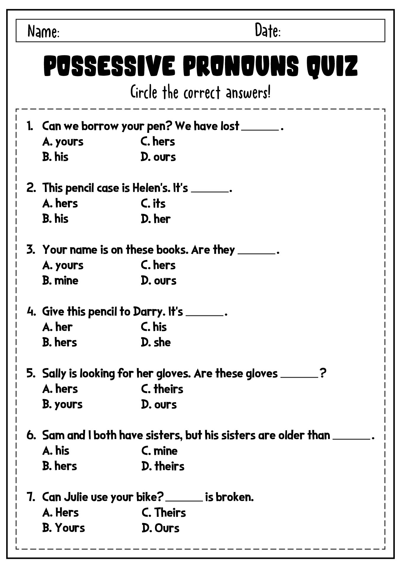 Possessive Pronouns Quiz Printable for Secondary School