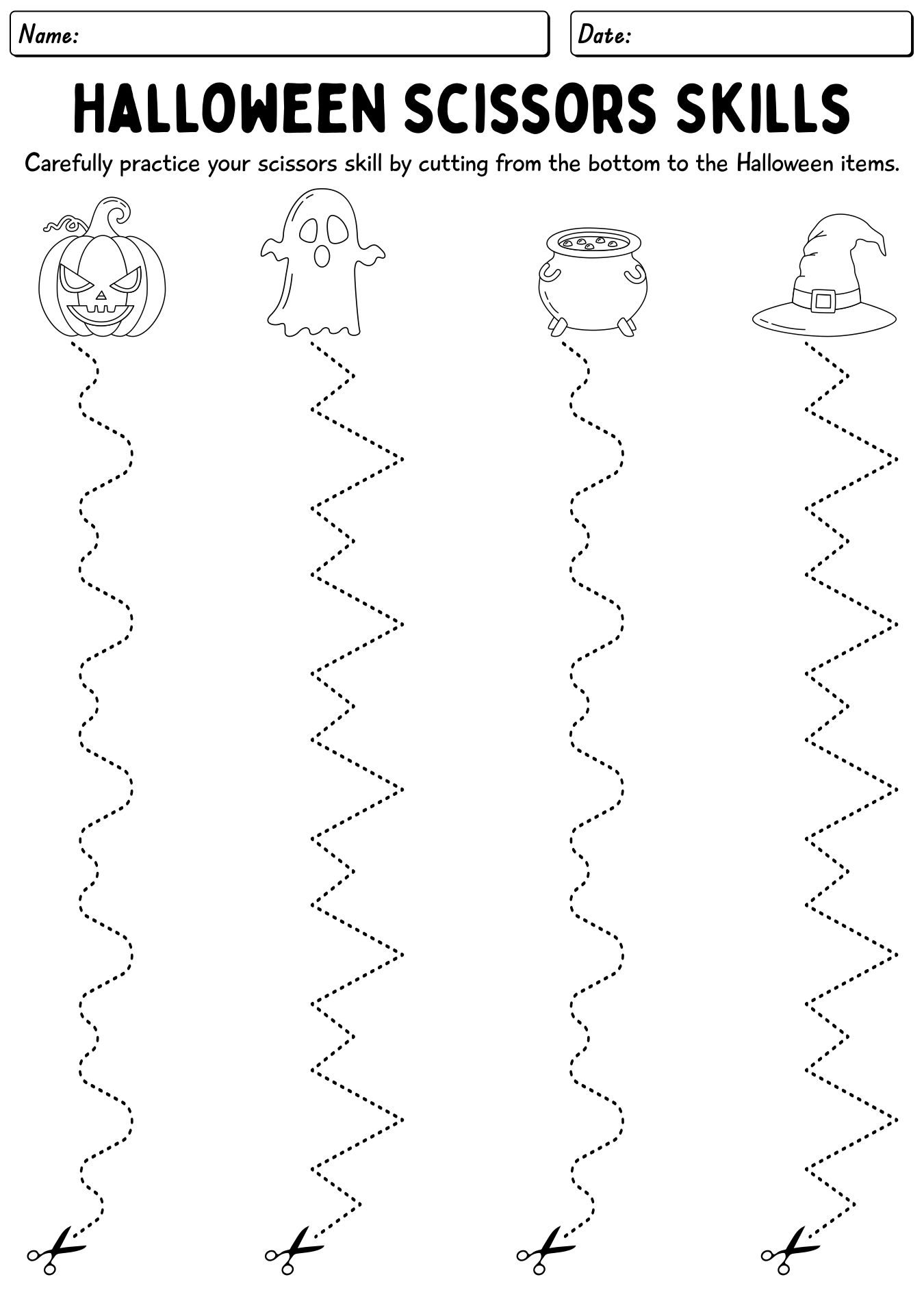 Preschool Halloween Scissor Skills Worksheets