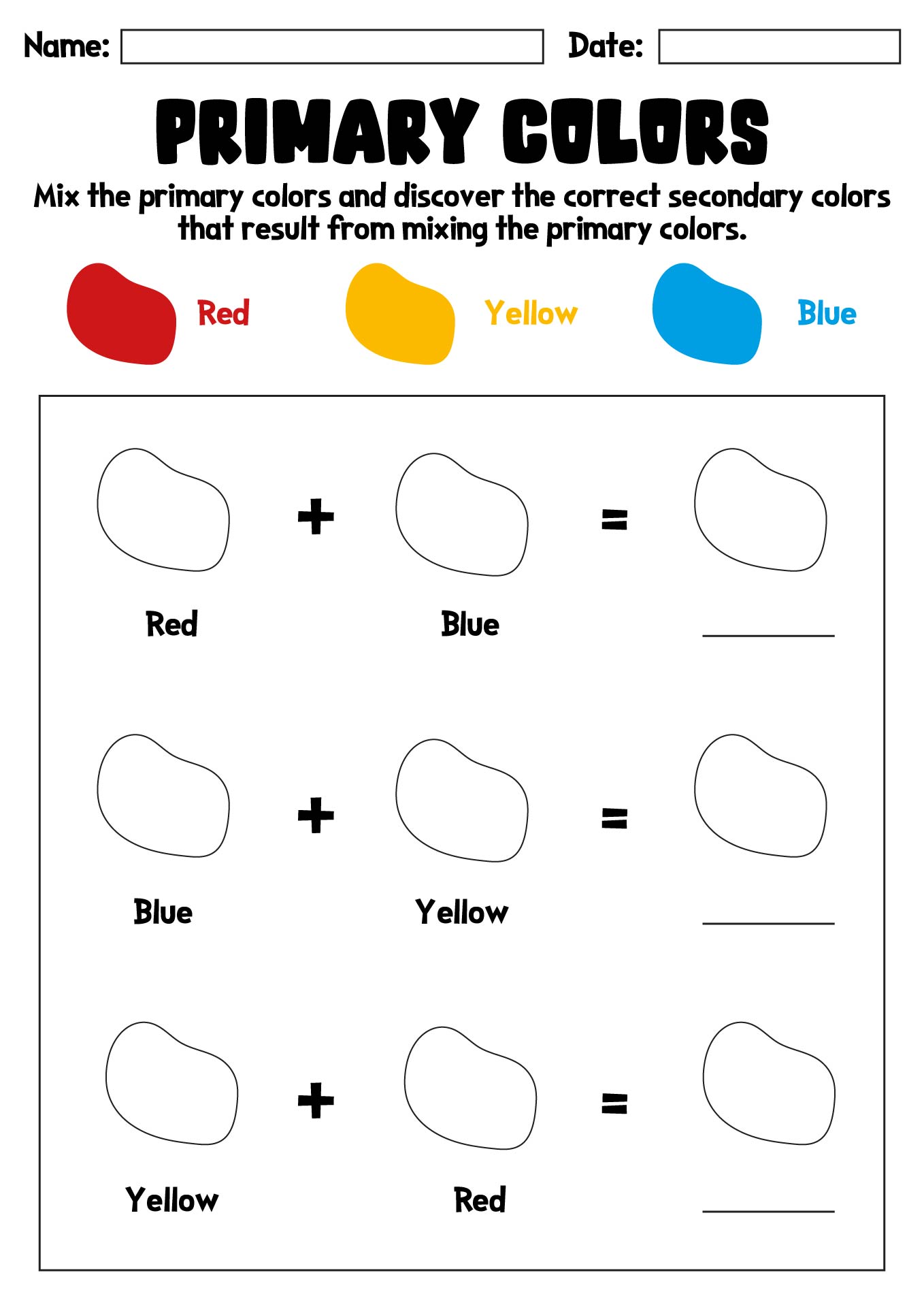 Primary Colors Mixing Worksheet Printable