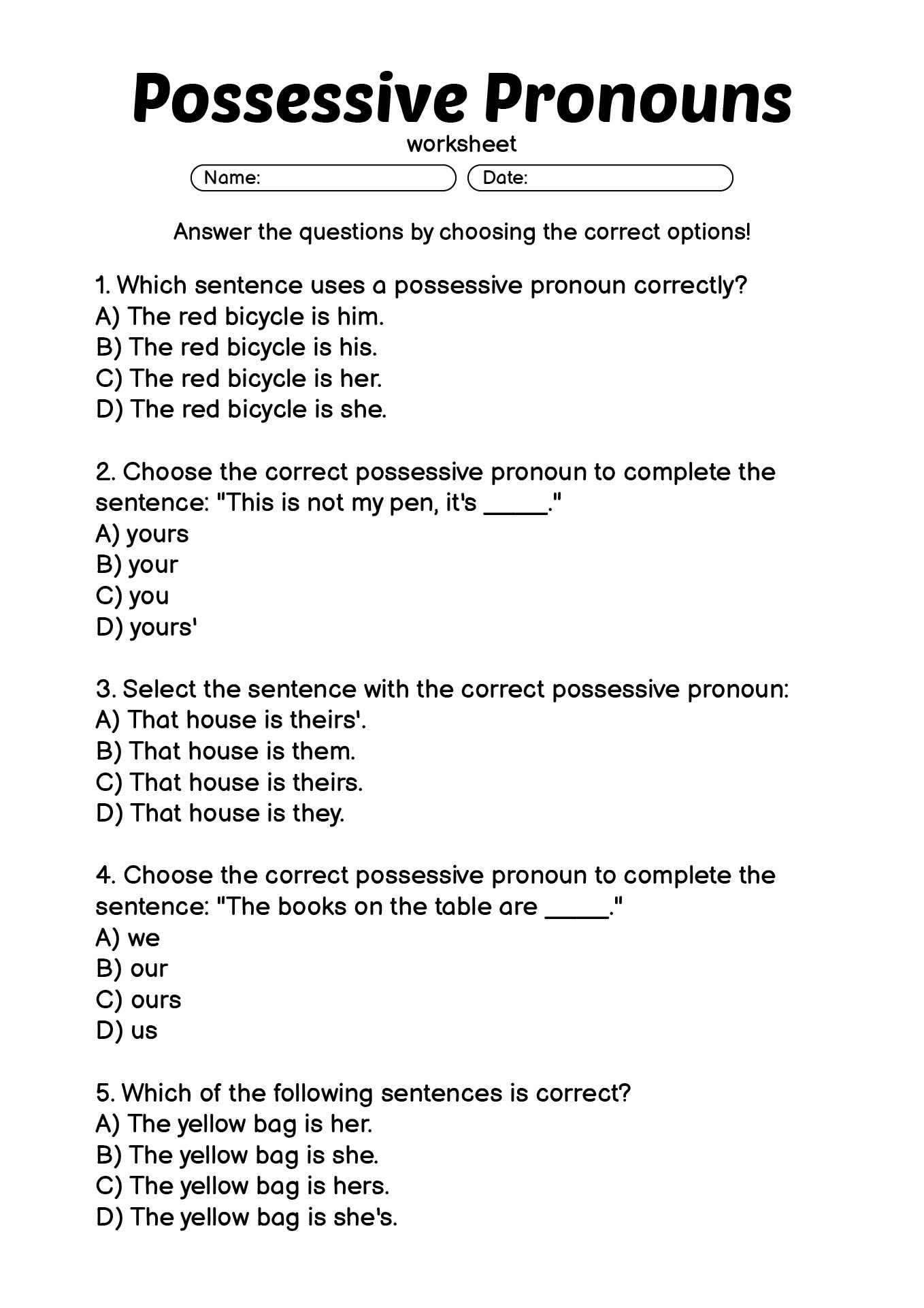 Primary School Possessive Pronouns Worksheets