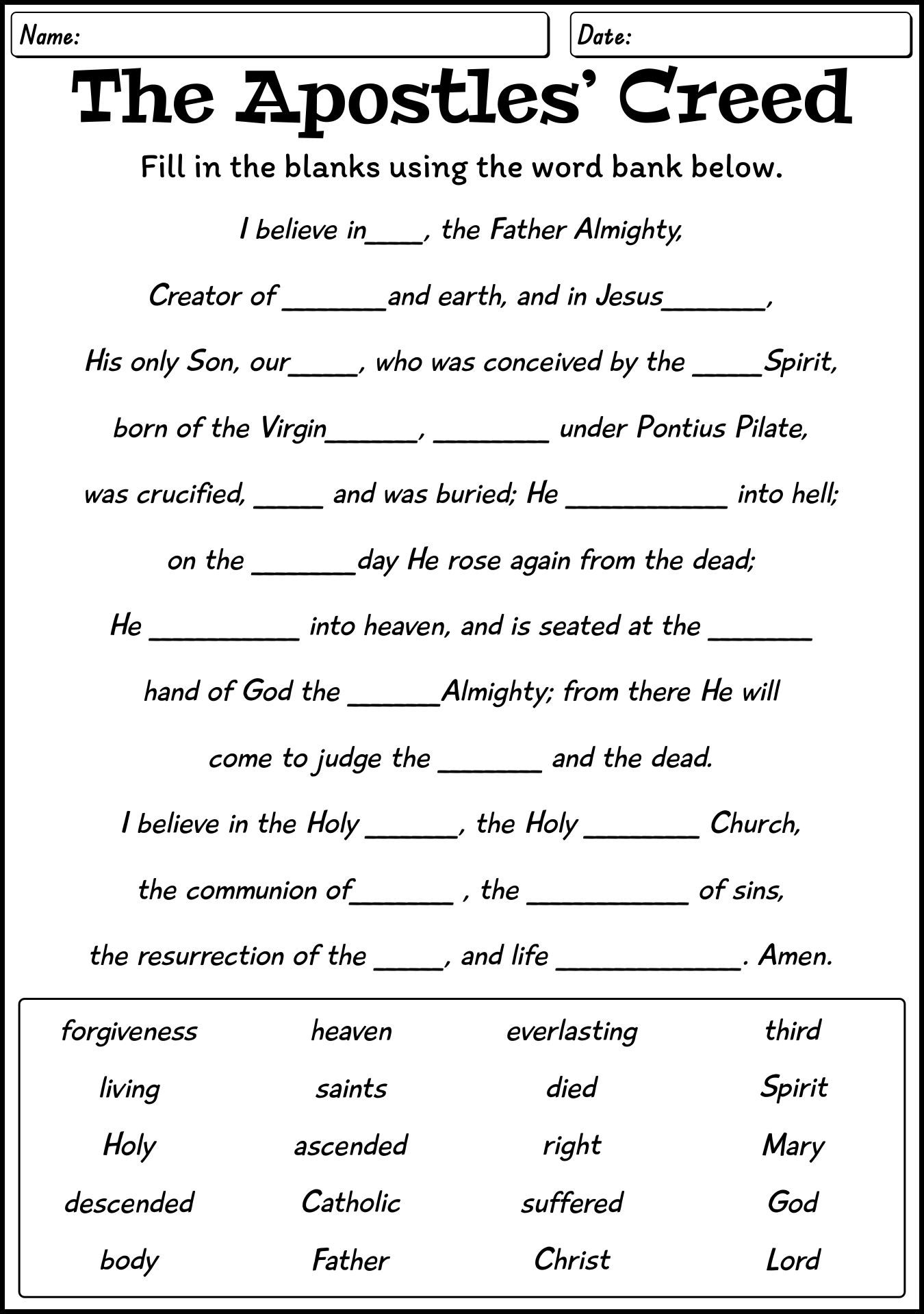 Printable Apostles Creed Worksheet for Kids