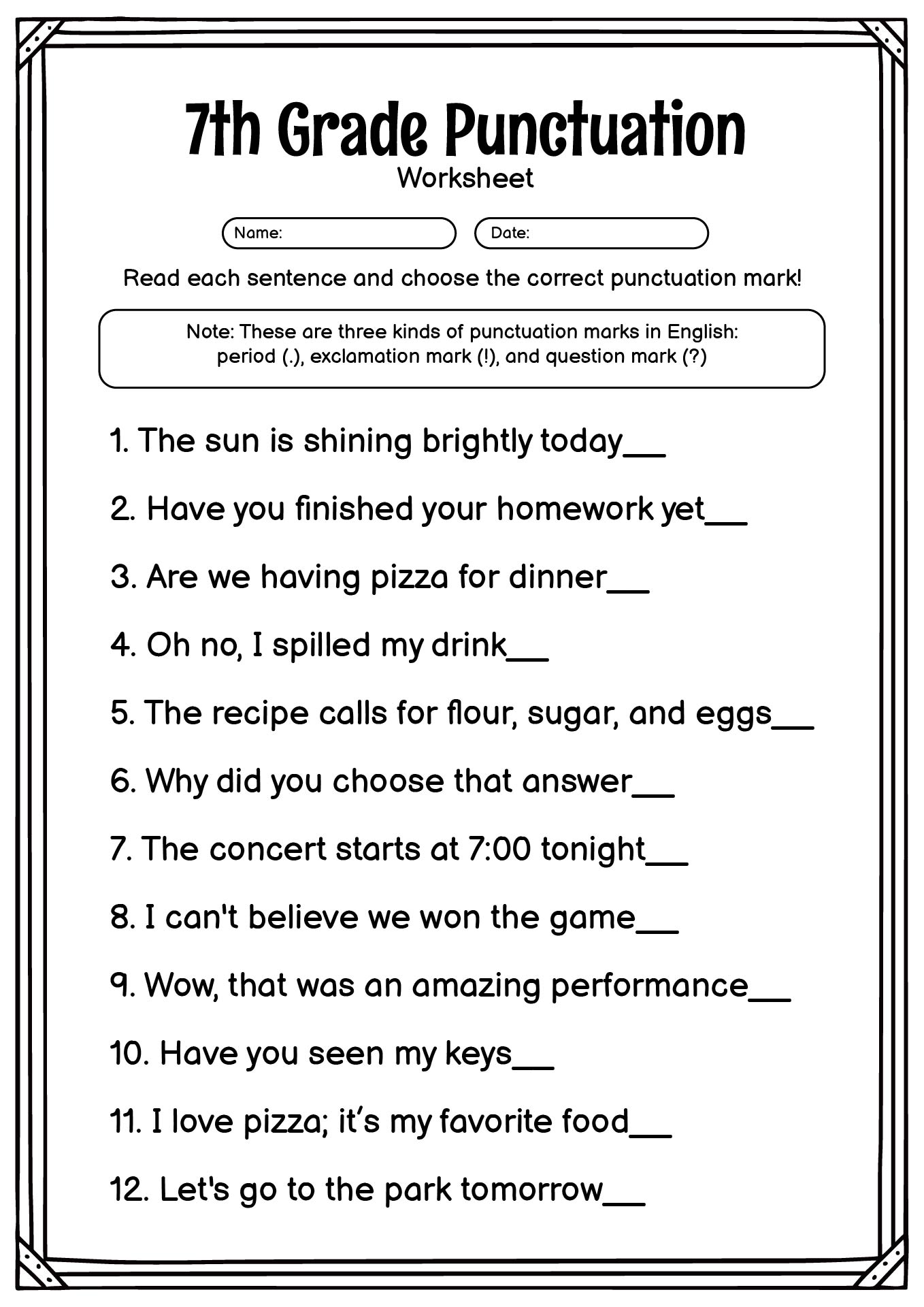 Printable English Worksheets 7th Grade Punctuation Exercises