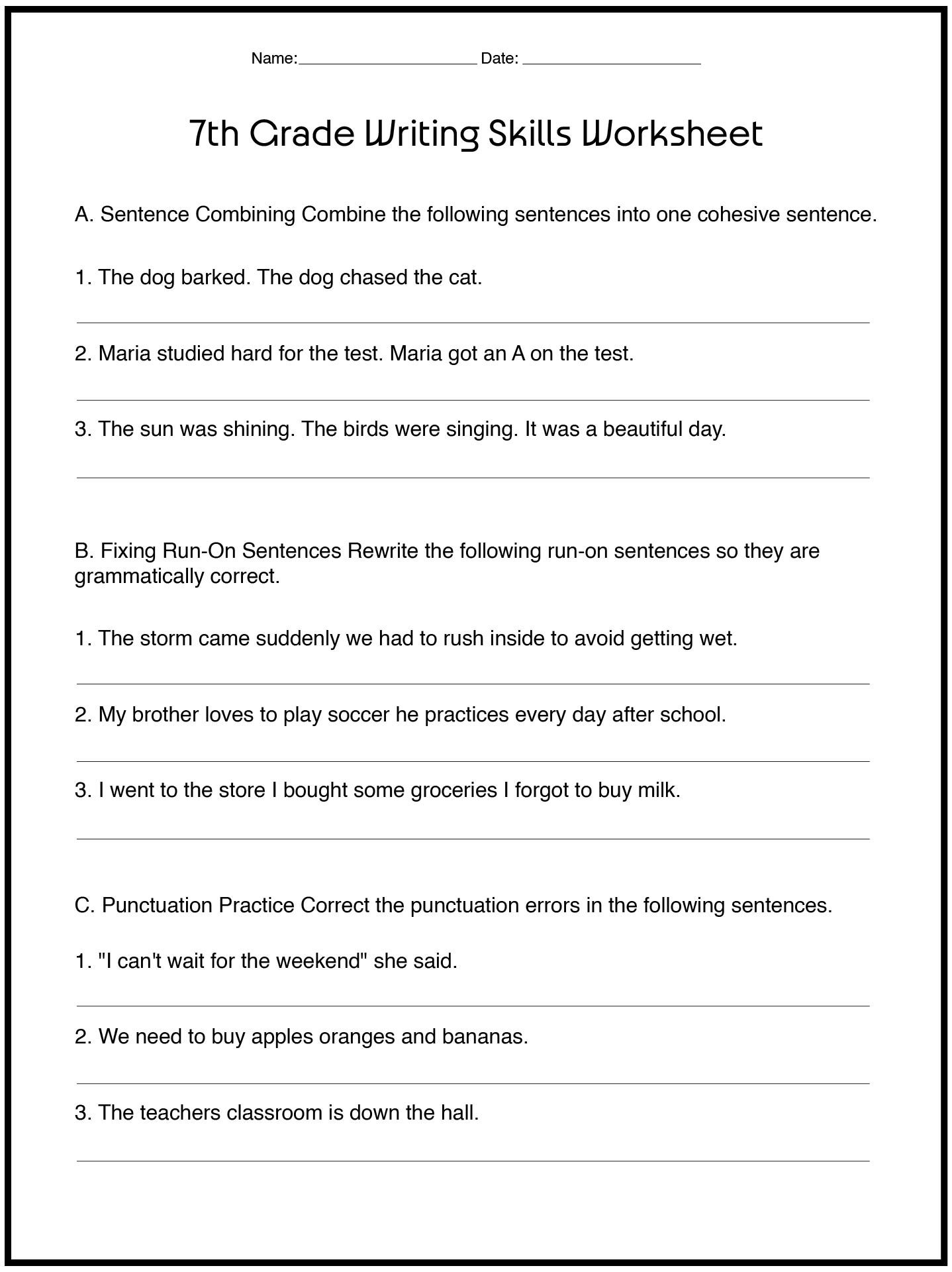 Printable English Worksheets 7th Grade Writing Skills