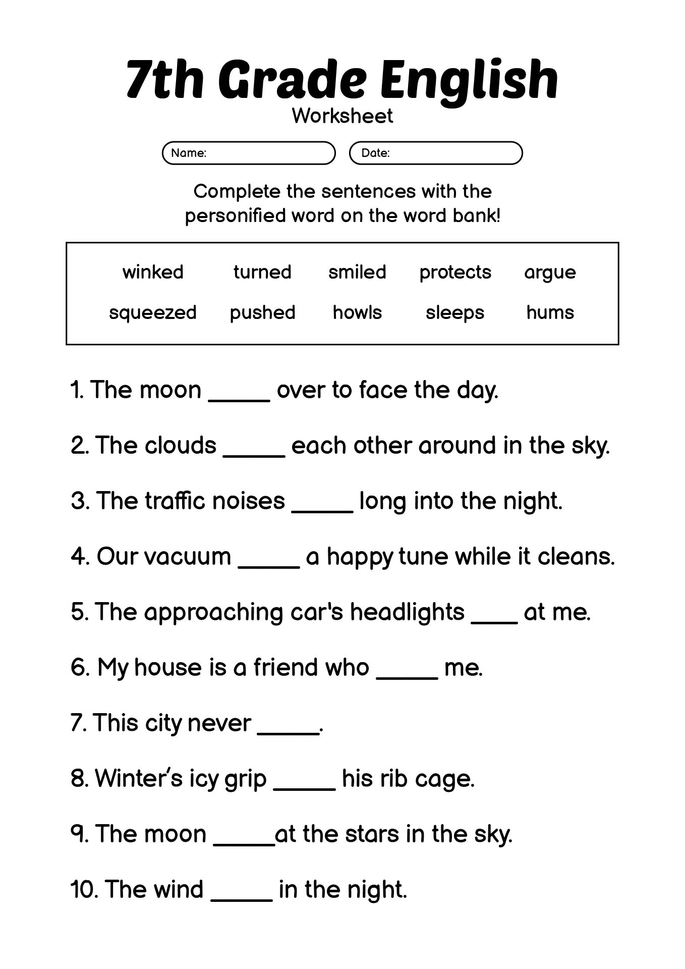 Printable English Worksheets for 7th Grade Students