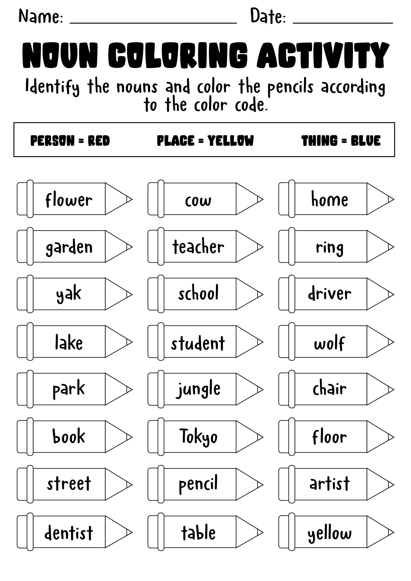 Printable Noun Coloring Activities for Second Graders