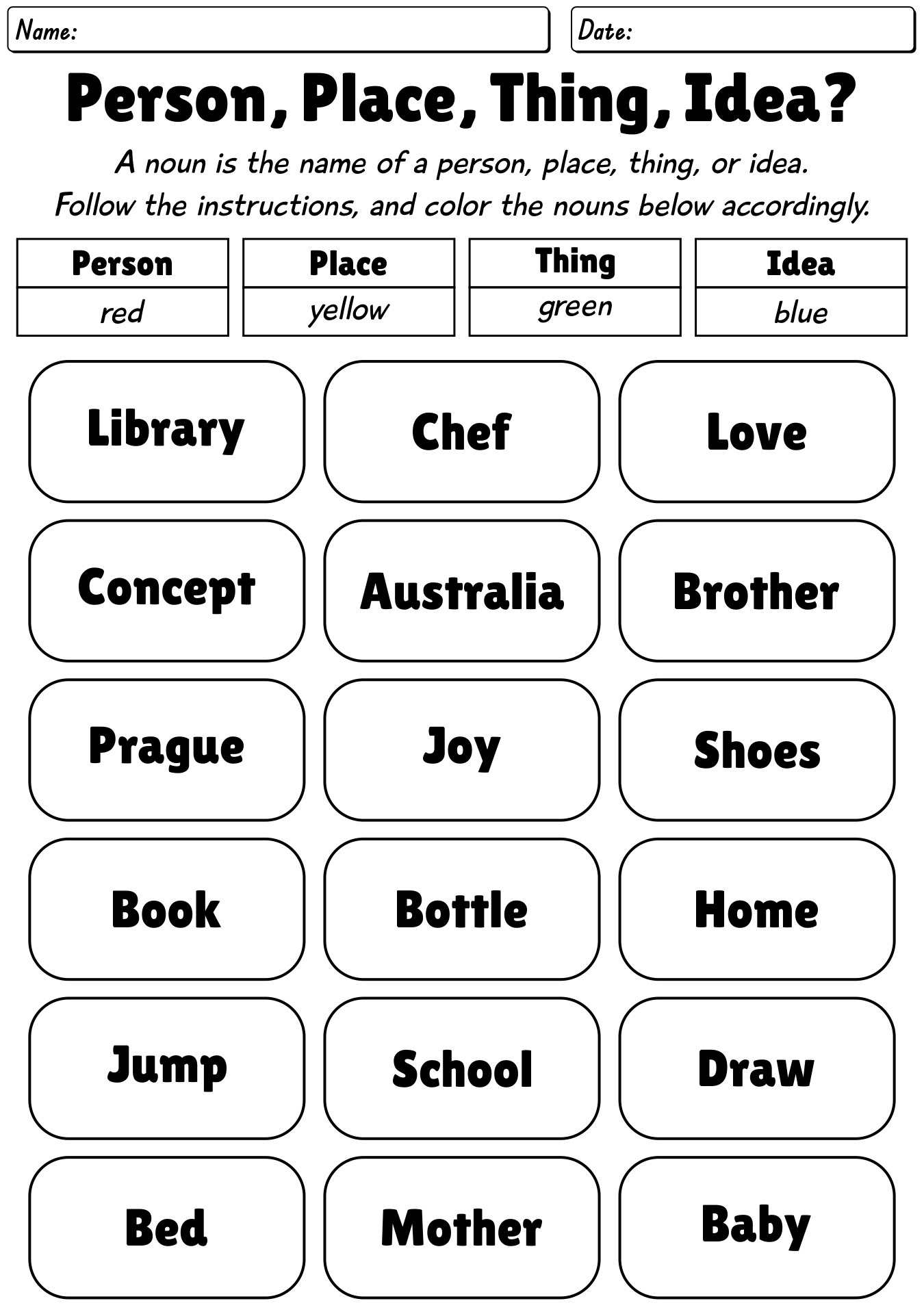 Printable Noun Coloring Pages for Second Graders