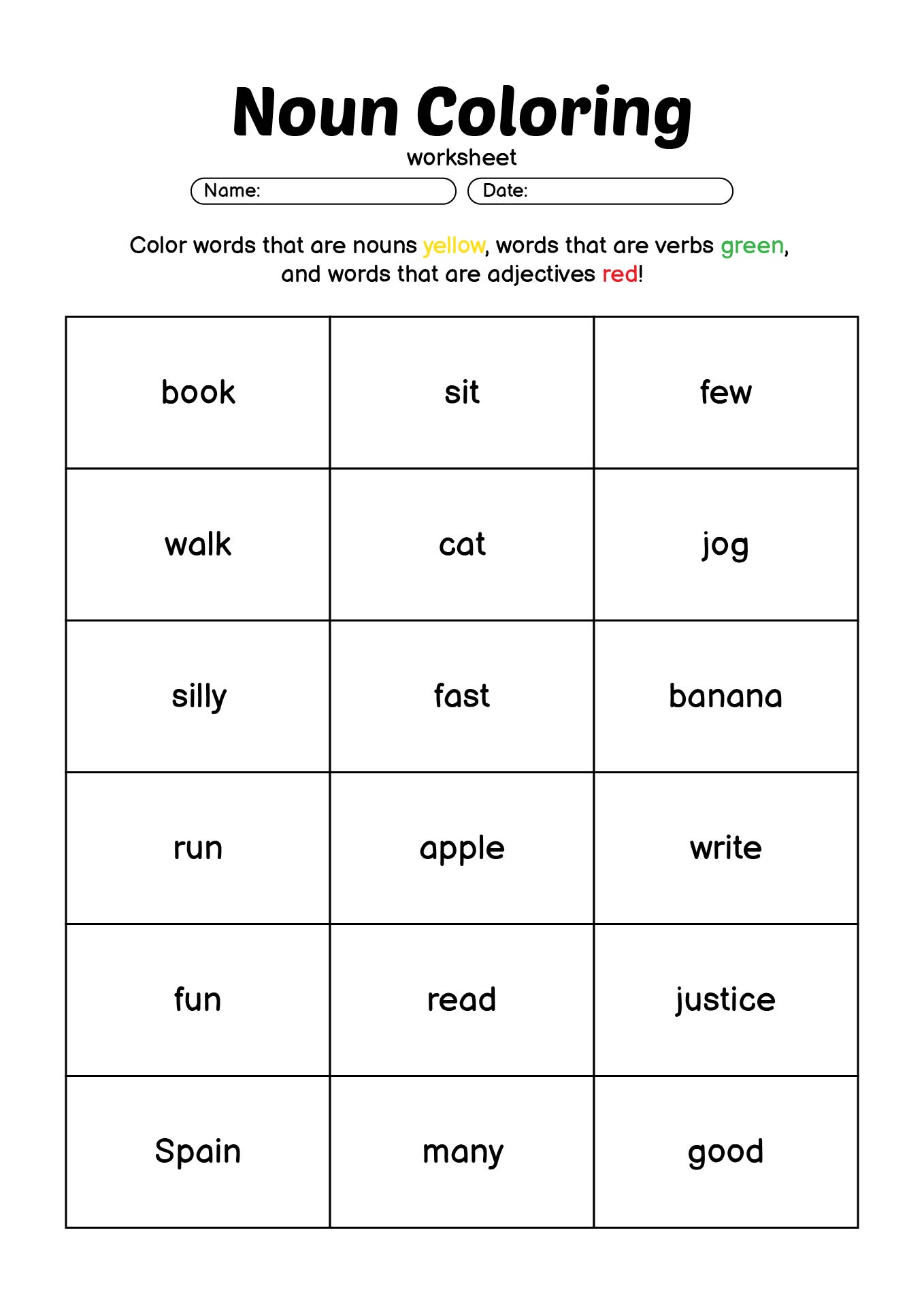 Printable Noun Coloring Sheets for Second Graders