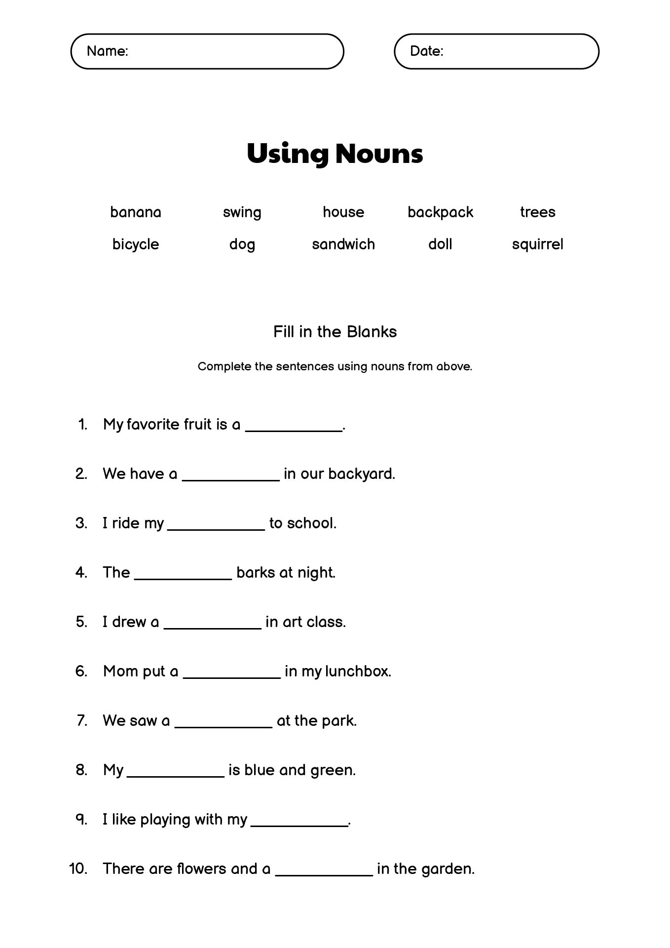 Printable Noun Practice Worksheets for Kids