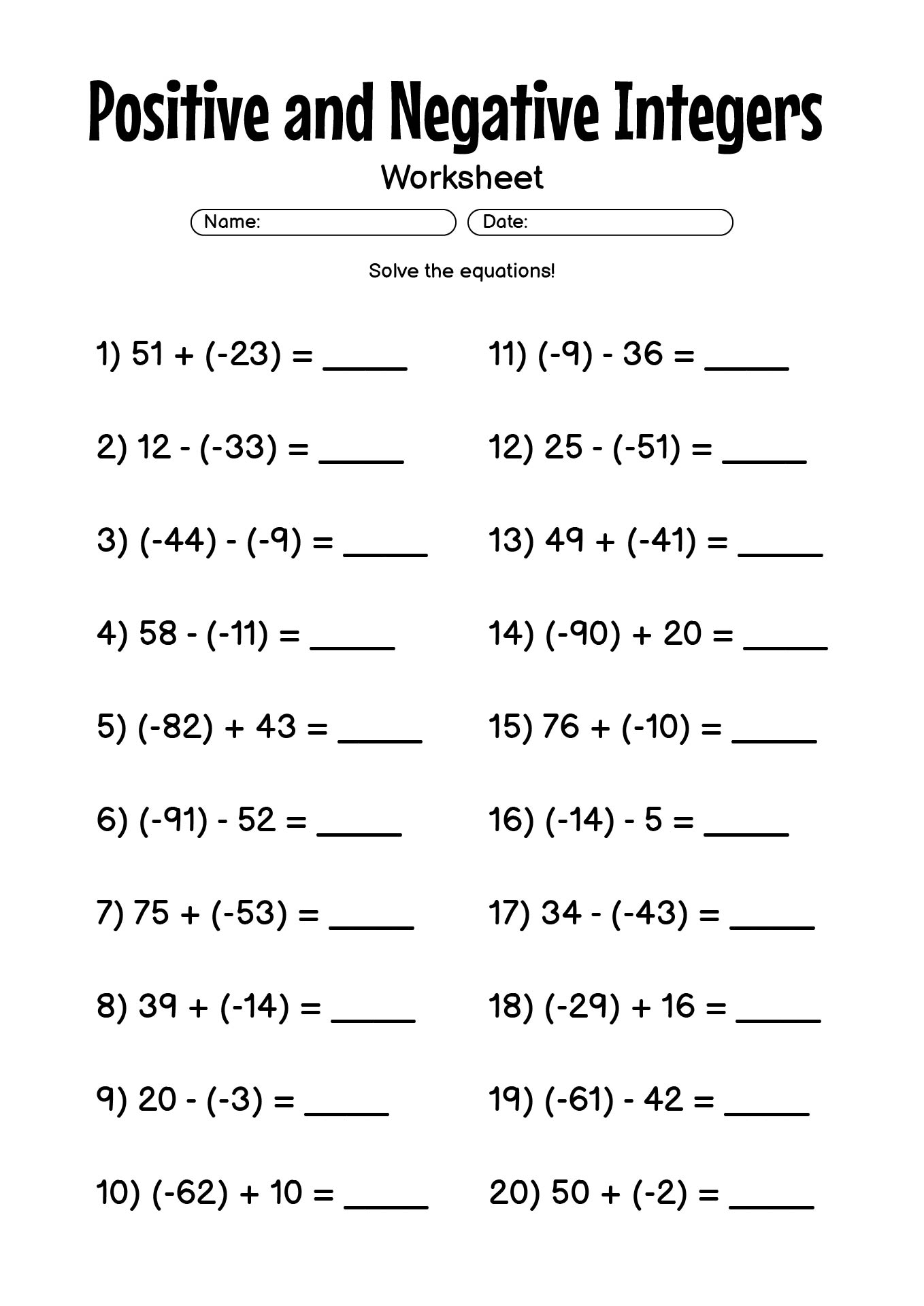 Printable Positive and Negative Integers Practice Worksheets