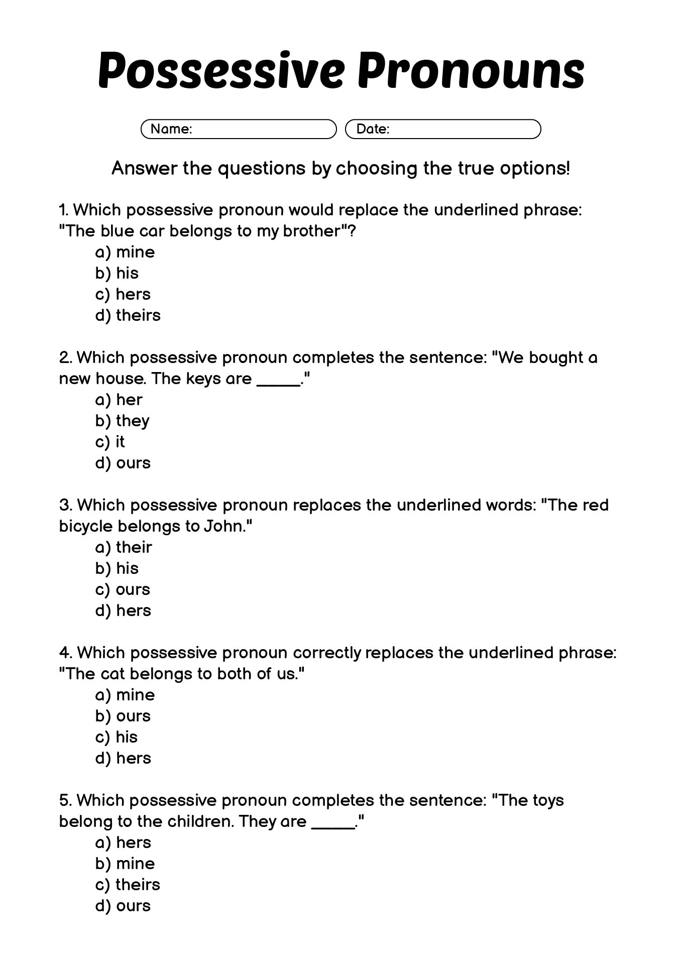 Printable Possessive Pronouns Activity Worksheets