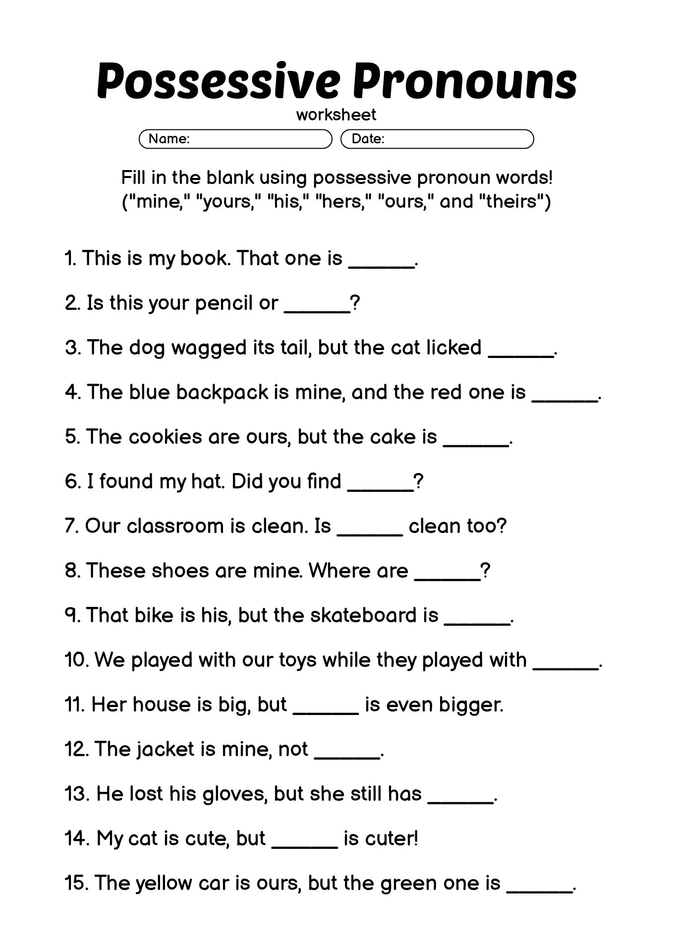 Printable Possessive Pronouns Worksheets for Grade 3