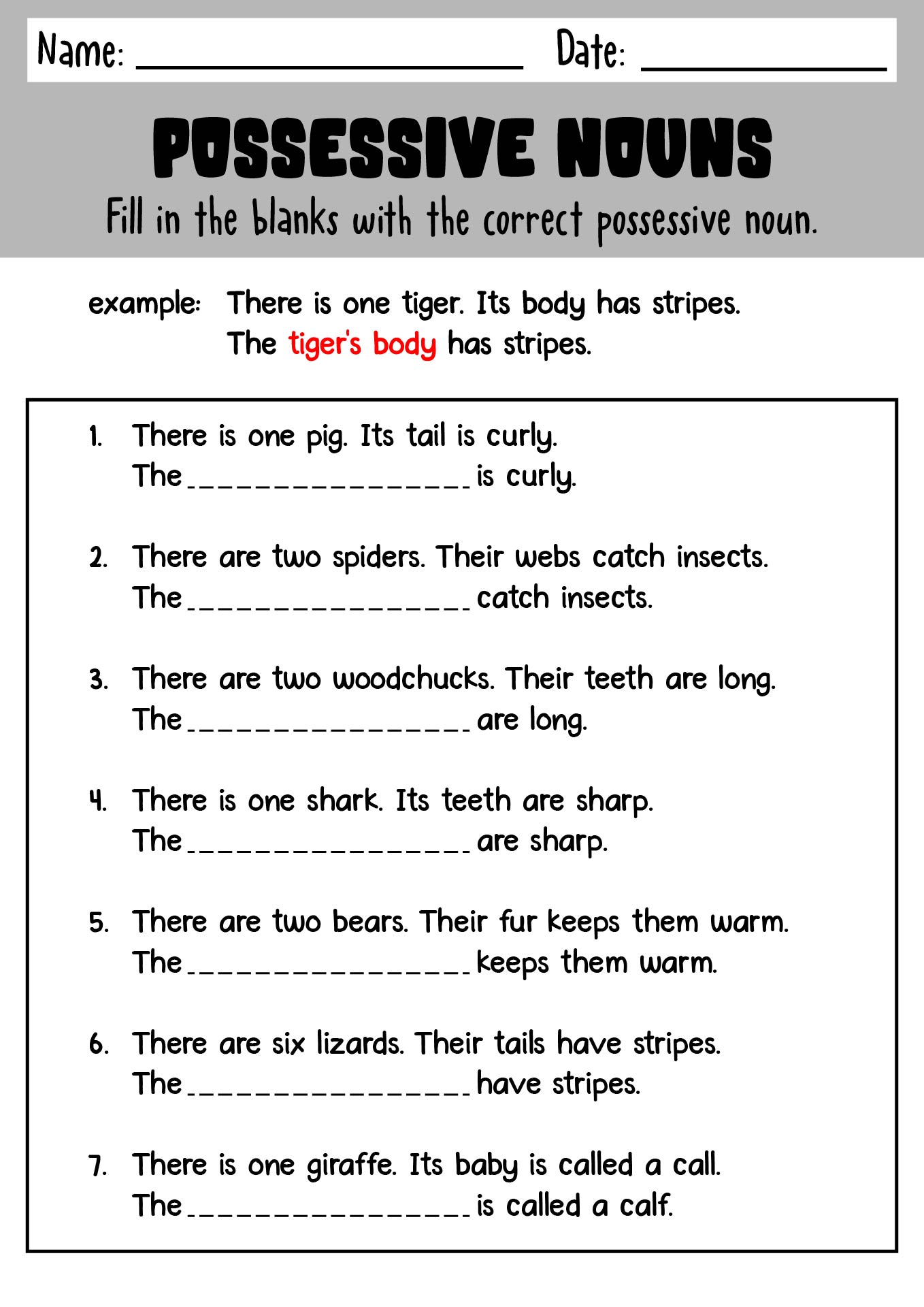 Printable Practice Sheets for Possessive Nouns