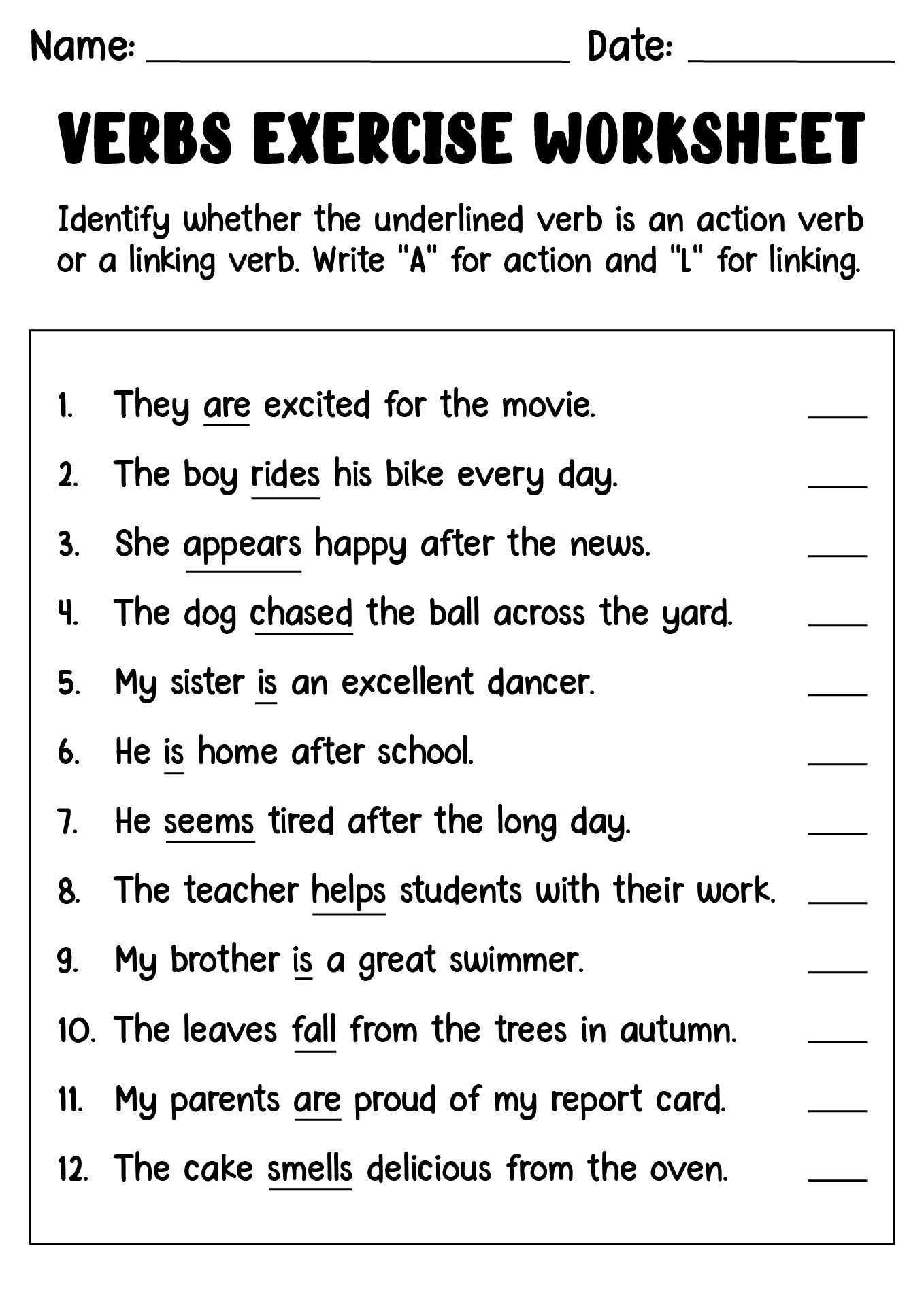 Printable Verbs Exercise Worksheets for Grade 3