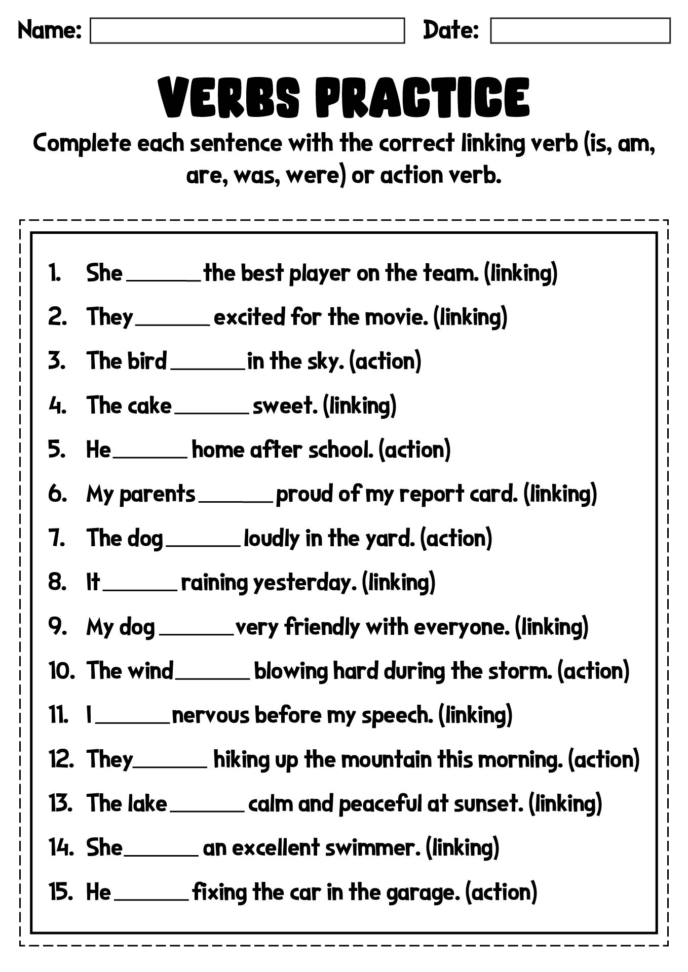 Printable Verbs Practice Sheets for Kids