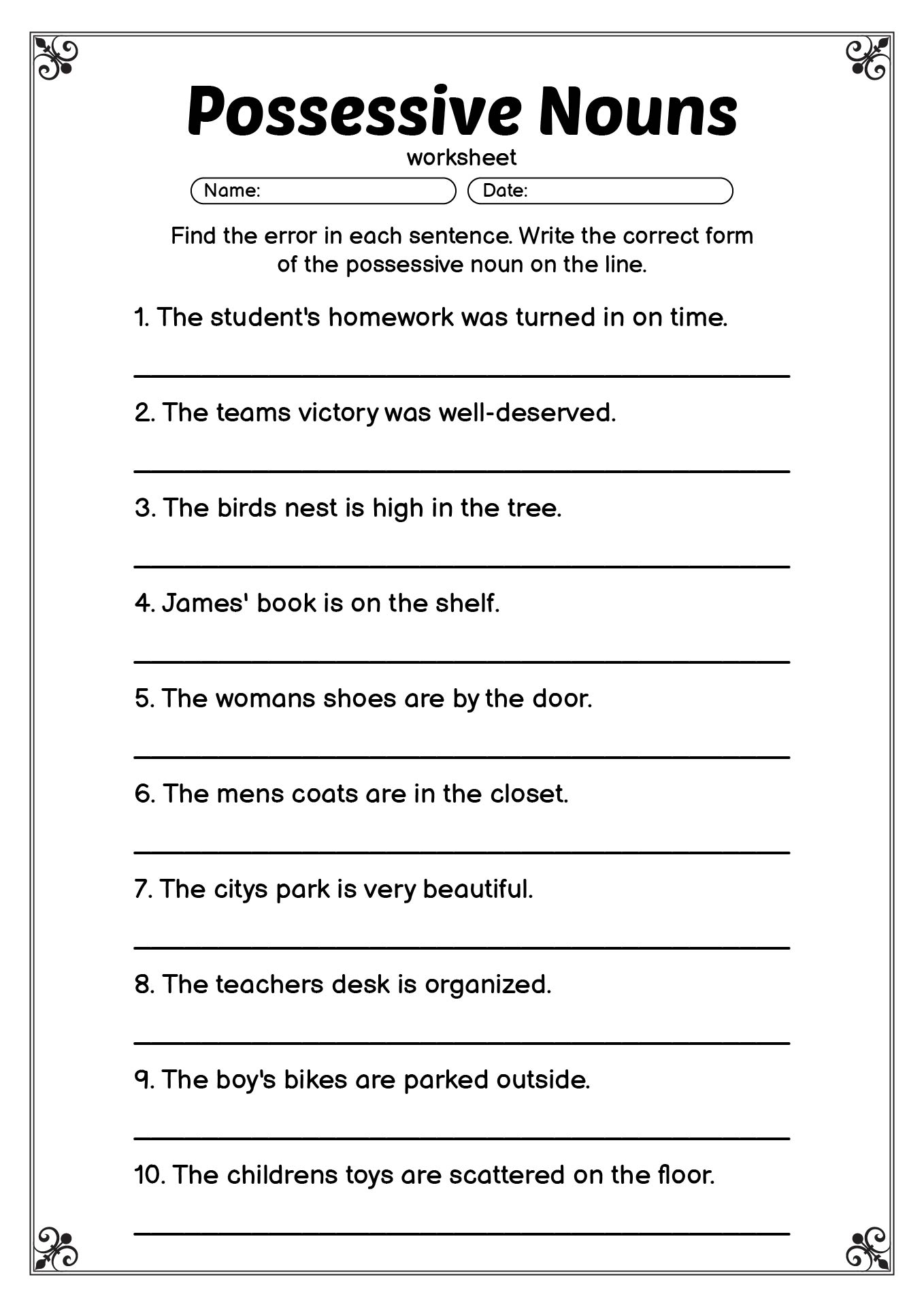 Printable Worksheets for Teaching Possessive Nouns in 5th Grade