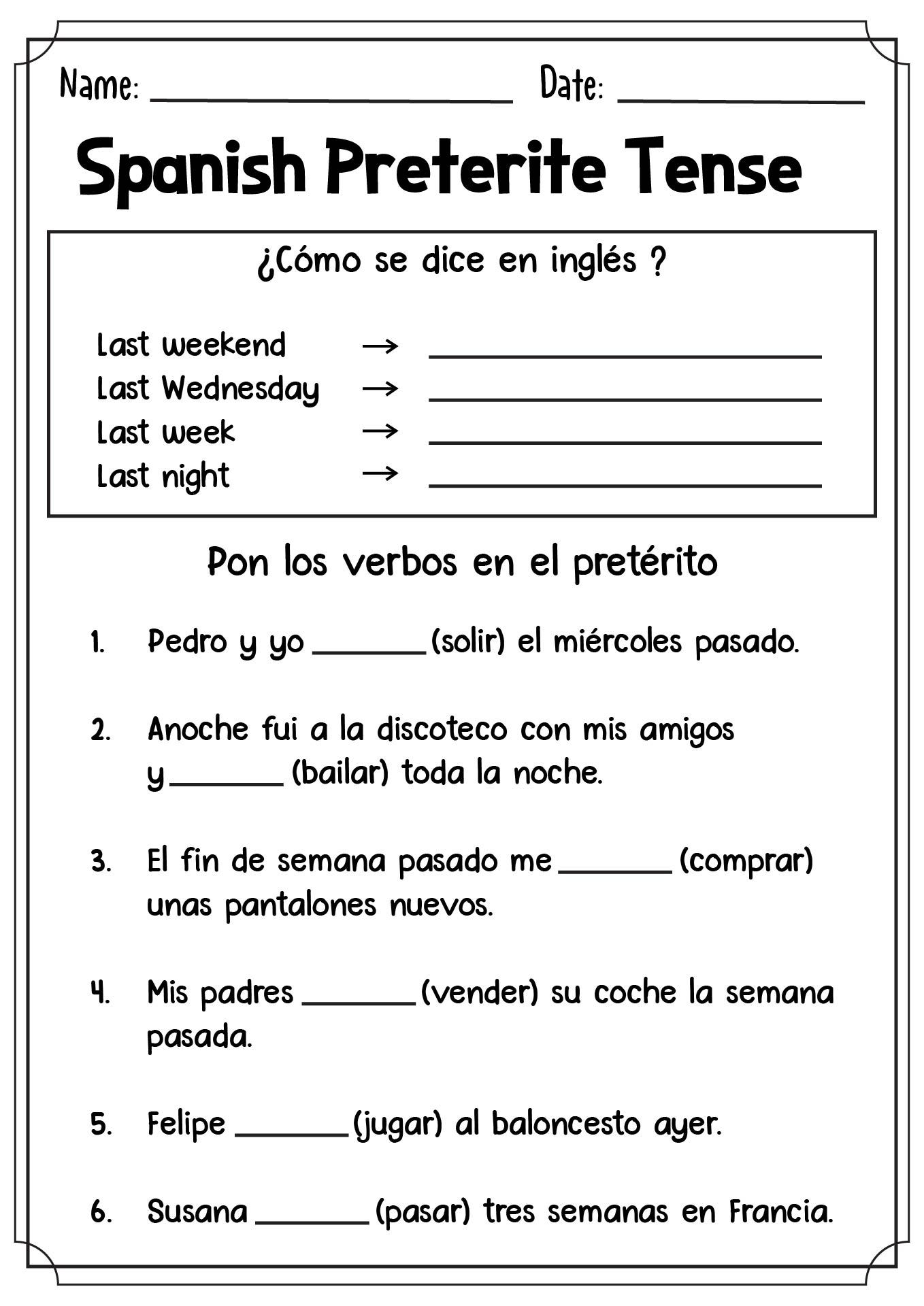 Printed Spanish Preterite Tense Worksheets for Classrooms