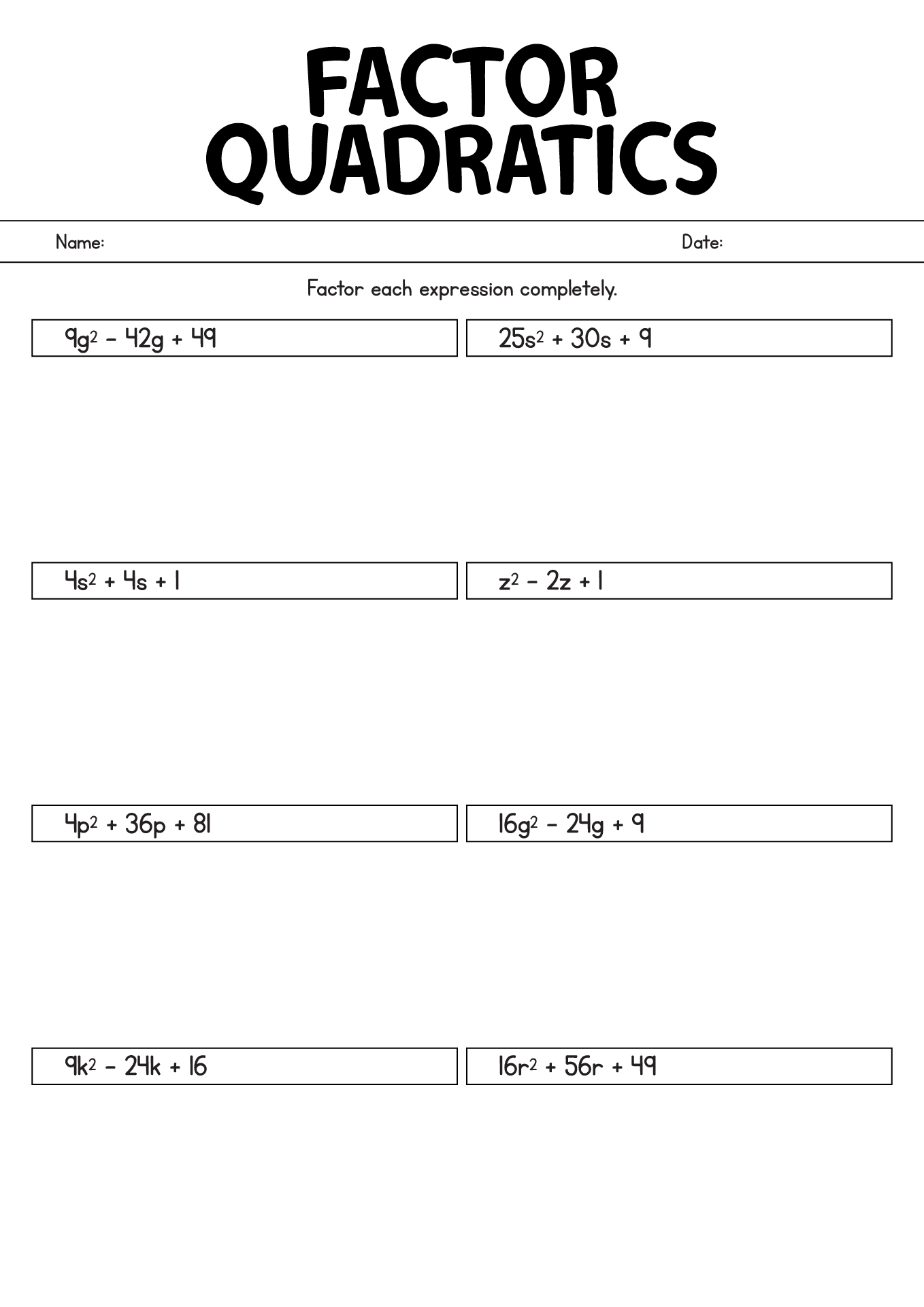 Quadratic Perfect Square Trinomials Worksheet