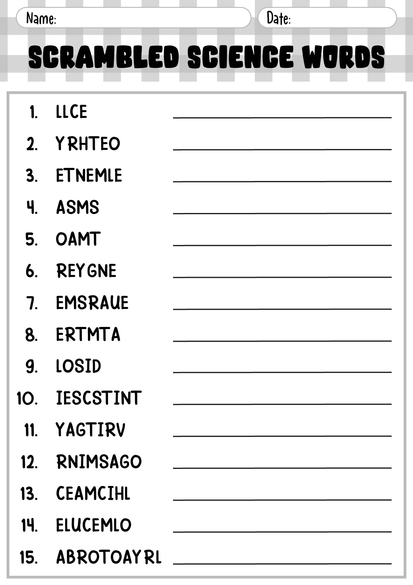 Science Vocabulary Practice Sheets