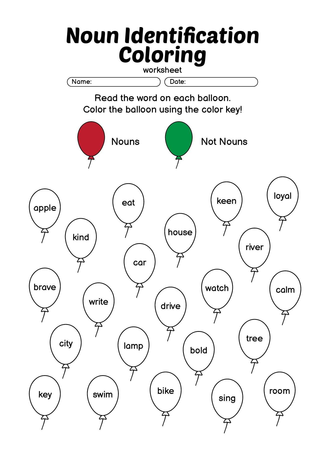 Second Grade Noun Identification Coloring Worksheets