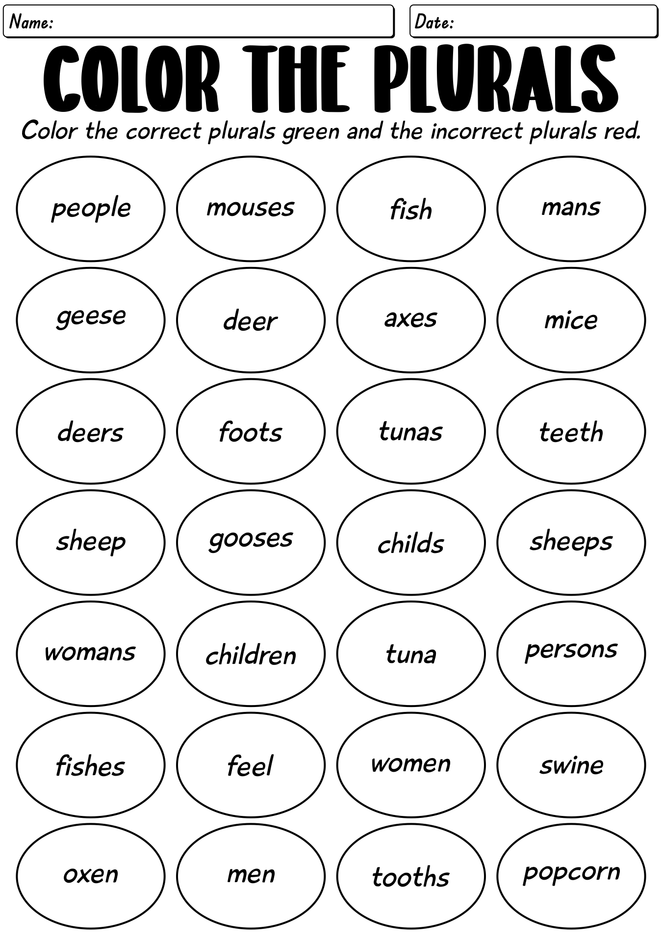 Second Grade Plural Nouns Coloring Sheets