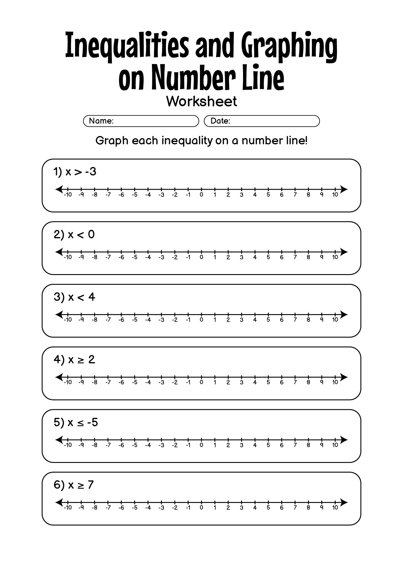 Solving Inequalities and Graphing on Number Line Worksheets