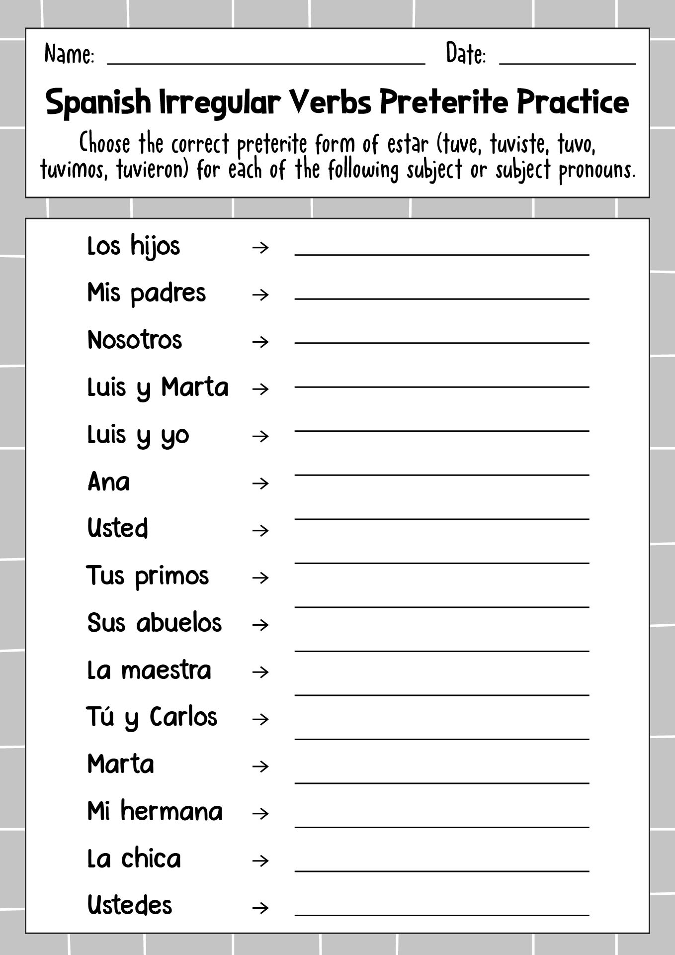 Spanish Irregular Verbs Preterite Practice Worksheets