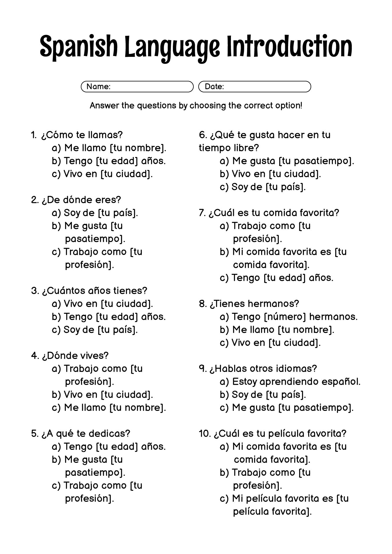 Spanish Language Introduction Worksheets