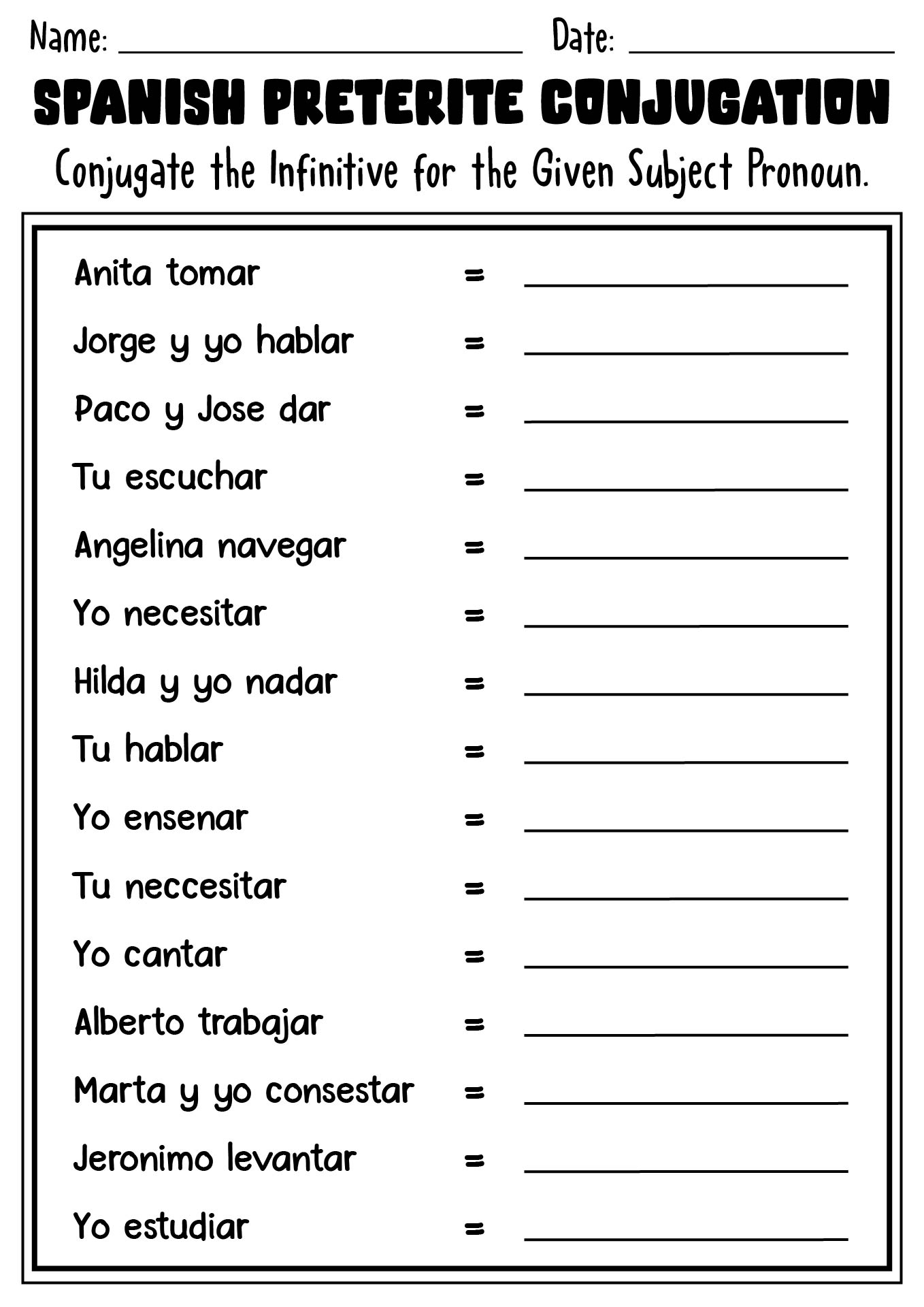 Spanish Preterite Conjugation Worksheets