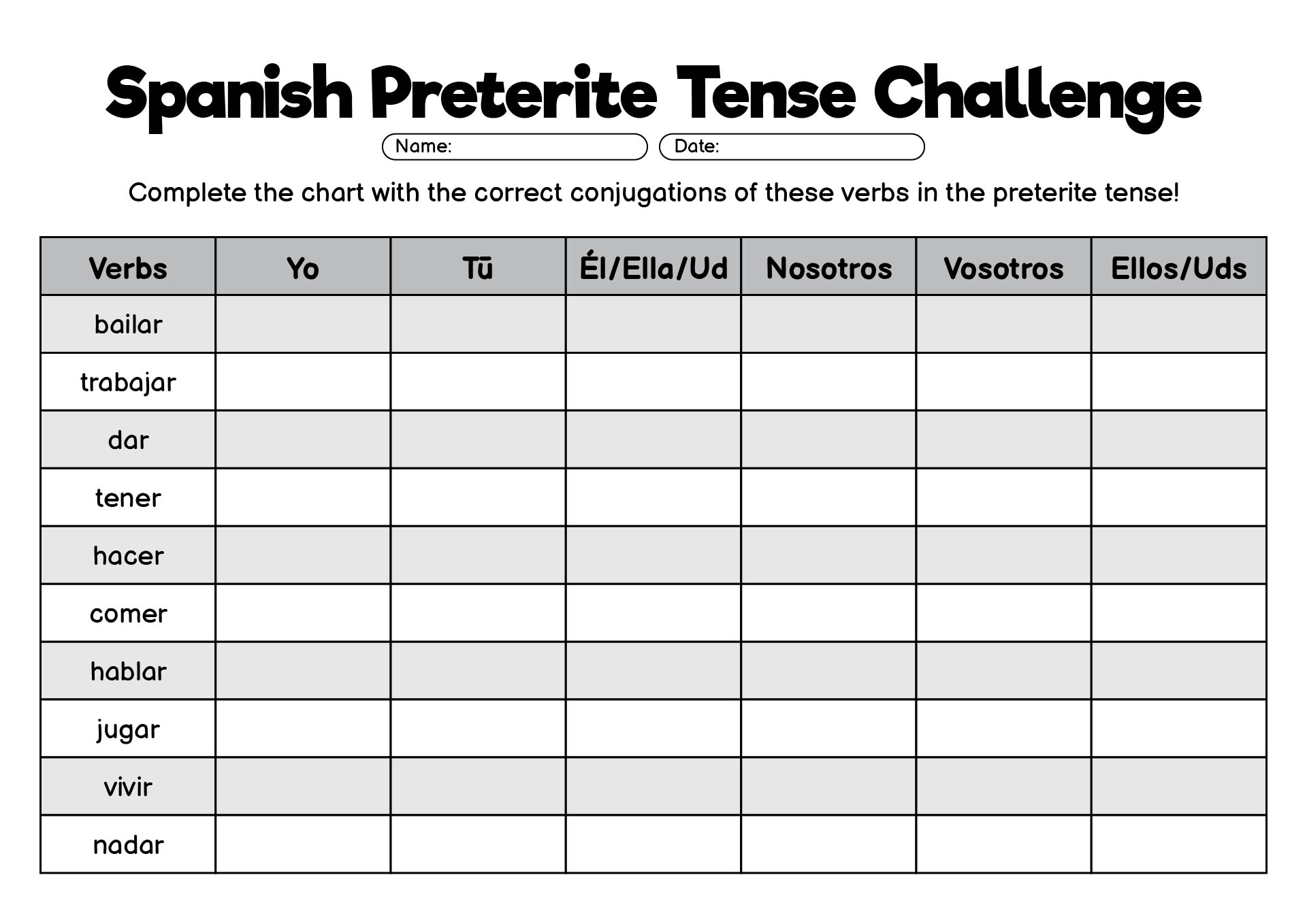 Spanish Preterite Tense Challenge Worksheets