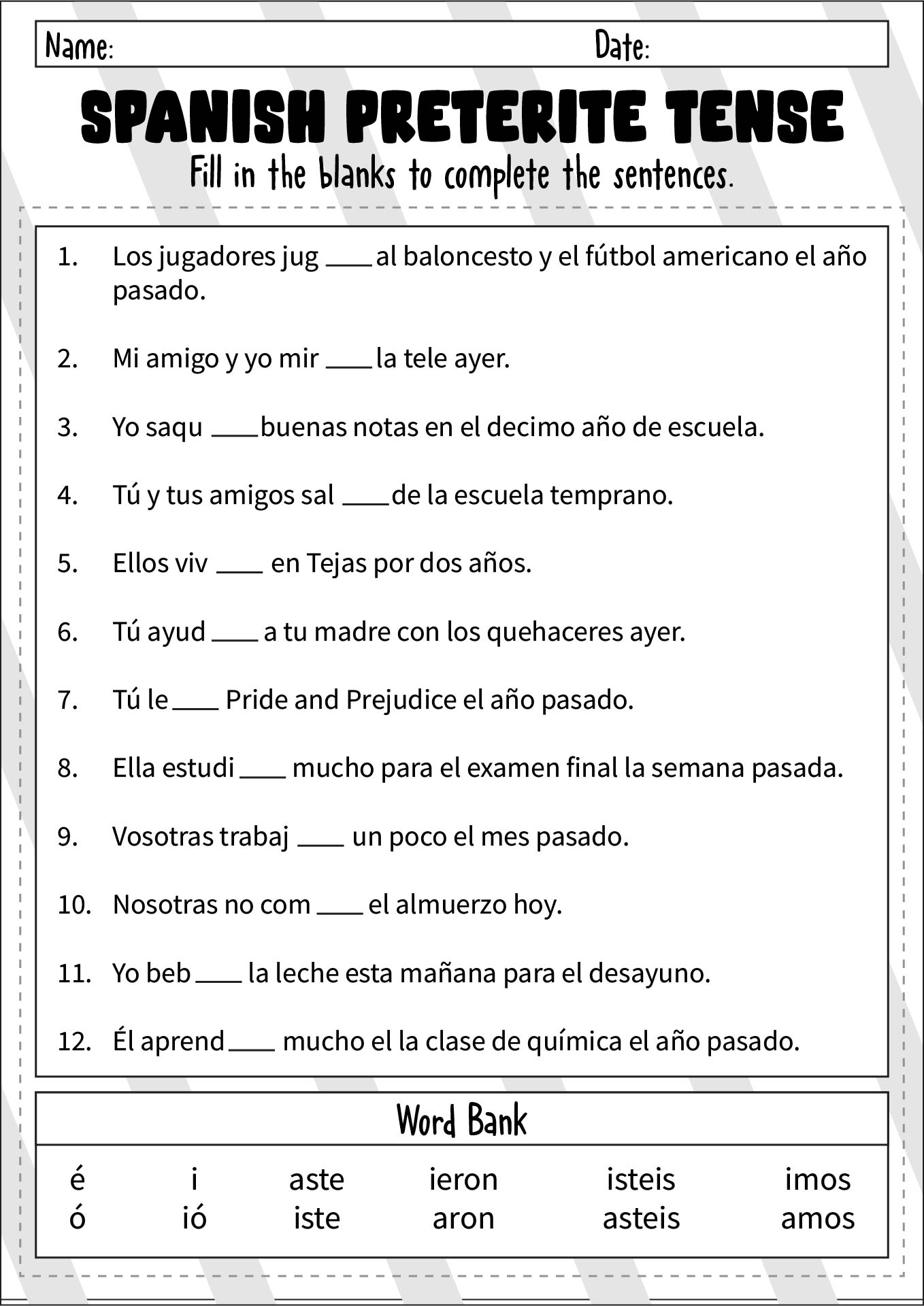 Spanish Preterite Tense Practice Sheets