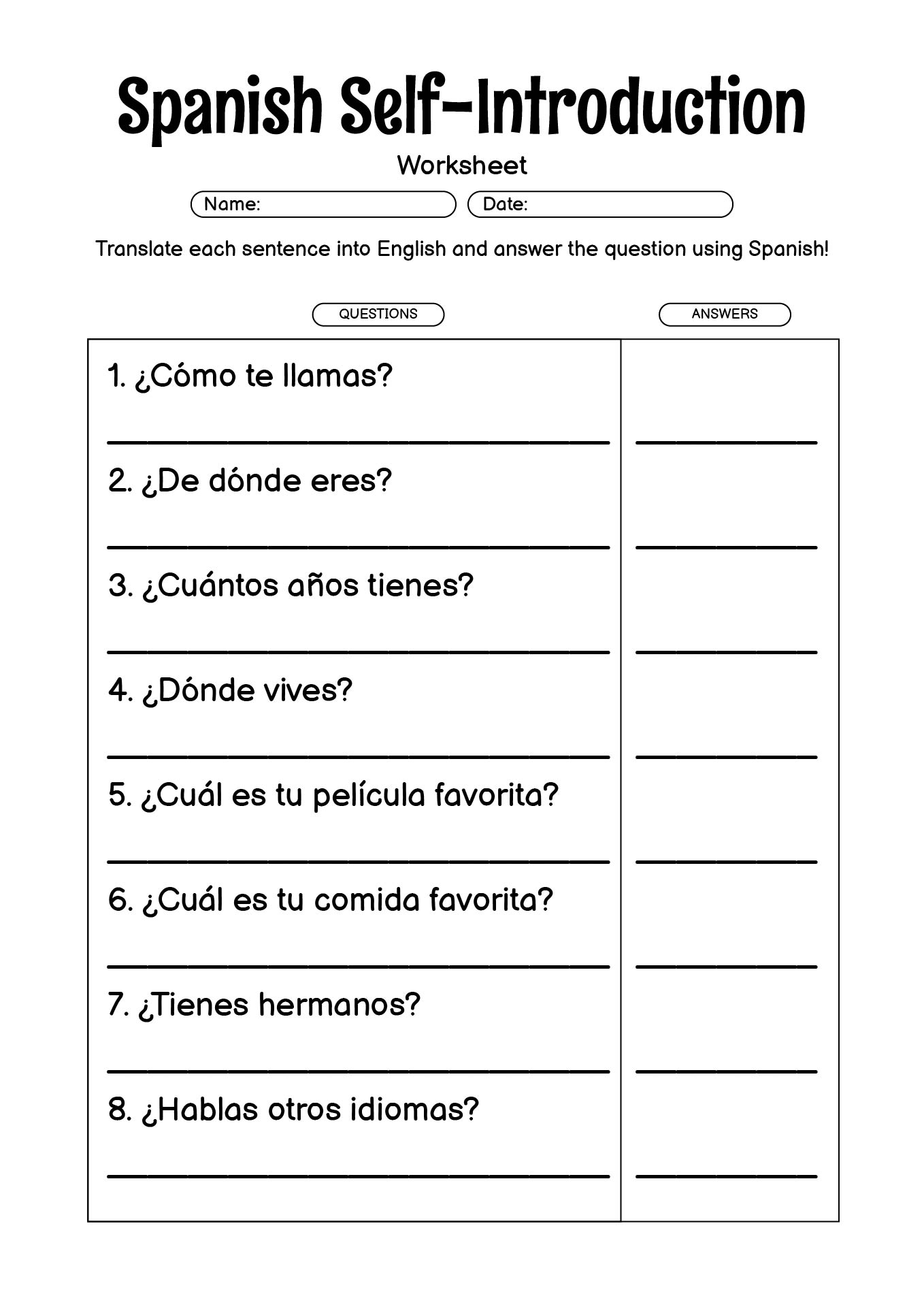 Spanish Self-Introduction Practice Sheets