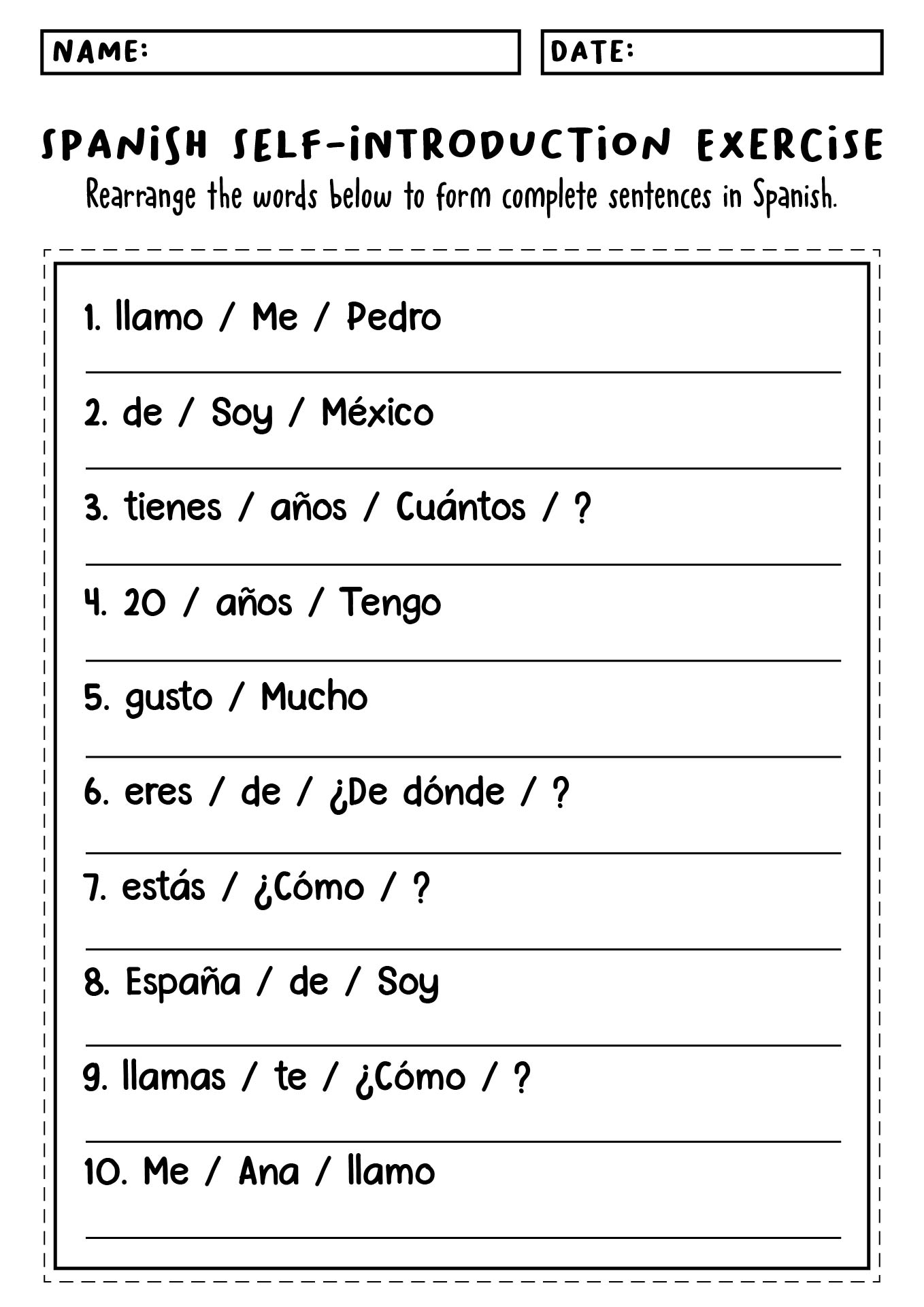 Spanish Self-Introduction Printable Exercises